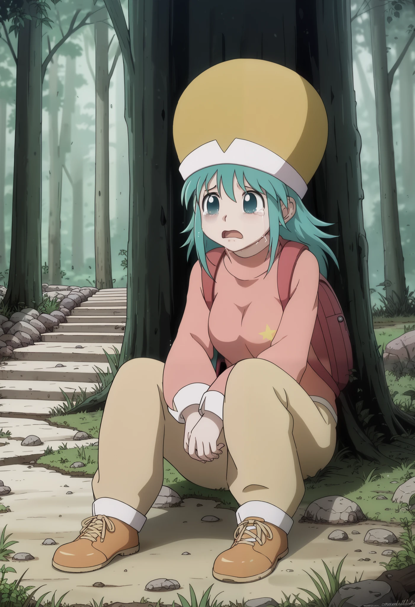 ponzu, hat, light blue hair, light blue eyes, solo, score_9, (ultra nude breasts:1.2, ultra huge tits:1.2, ultra huge cleavages:1.2, ultra huge boobs:1.2), long sleeve pink shirt, red long pants, backpack, shoes, in deep forest, trees, grasses, rocks, solid floor, solid ground, dark atmosphere, dark interior, (((upper body shot:1.3, close up:1.2, zoom up:1.2))), besides, exterior abandoned concrete wall house, old, shabby messy, sitting on ground, (crying:1.15, tears, open mouth widely),