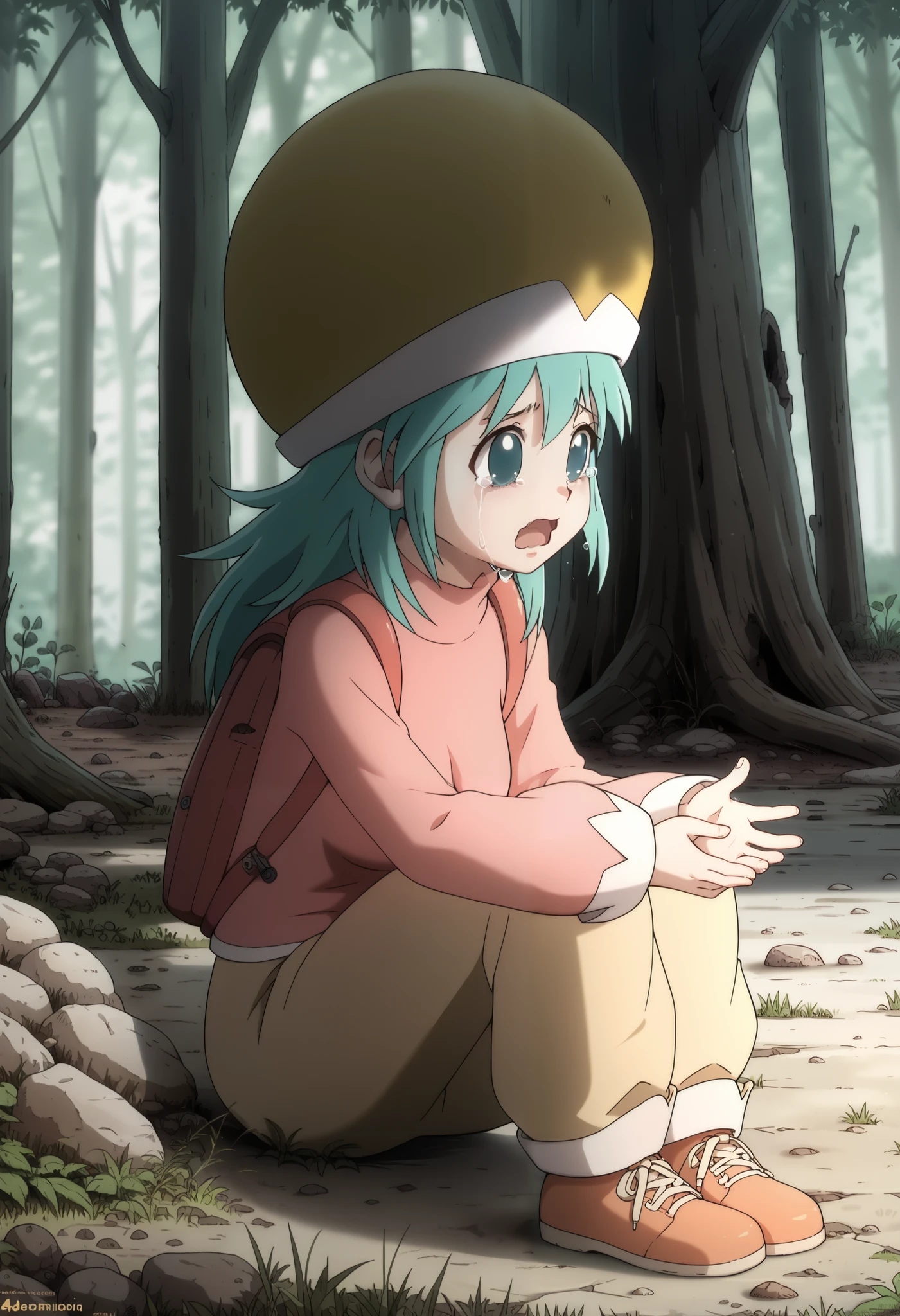 ponzu, hat, light blue hair, light blue eyes, solo, score_9, (ultra nude breasts:1.2, ultra huge tits:1.2, ultra huge cleavages:1.2, ultra huge boobs:1.2), long sleeve pink shirt, red long pants, backpack, shoes, in deep forest, trees, grasses, rocks, solid floor, solid ground, dark atmosphere, dark interior, (((upper body shot:1.3, close up:1.2, zoom up:1.2))), besides, exterior abandoned concrete wall house, old, shabby messy, sitting on ground, (crying:1.15, tears, open mouth widely),