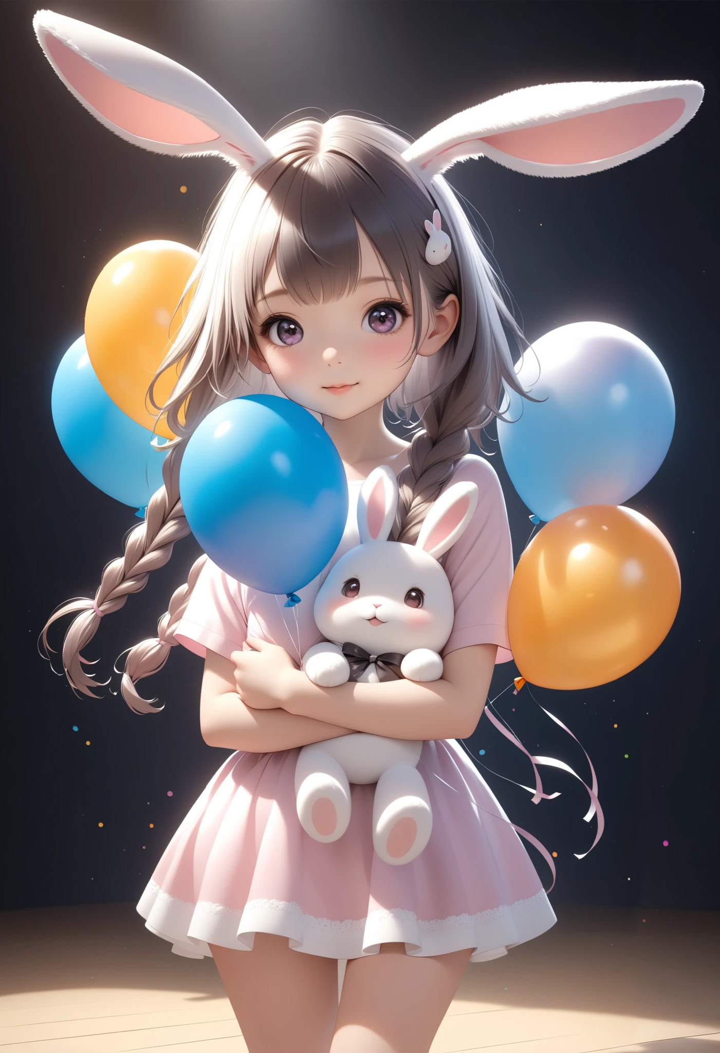 A cute girl wearing rabbit ears, A cute girl with bunny ears holding colorful balloons , float, Vector Art, Bright colors, best quality, 4K, 8,000, High res, masterpiece, Super Fine , Realistic, photoRealistic, HDR, ultra-high definition, studio lighting, Super Fine 绘画, clear focus, Physically Based Rendering, extremely detailed description, Professional, Bright colors , Bokeh