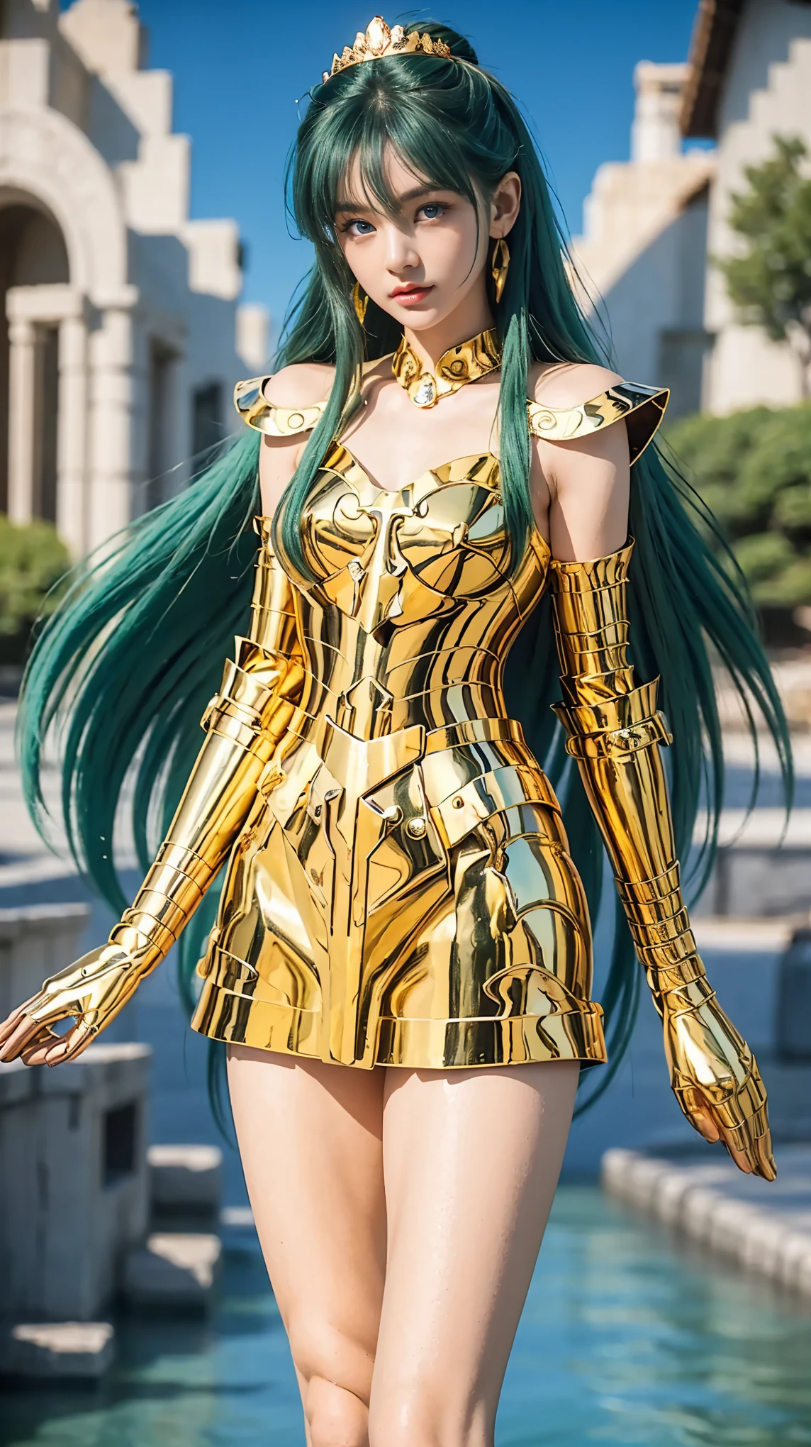 Adorable, Beautiful, Lovely, Russian baby face, Masterpiece, 8K, Best Quality, Fine Details, Ultra Details, Ultra High Resolution, (Makeup: 0.4), (Fluffy Blue Eyes: 1.21), ((Full Body)), ((Muscles: 1.1)), ((Daytime: 1.3)), Standing, HDR, Ultra Detail, EF 24-70mm f/2.8L II USM, Best Quality, High Quality, 1 Girl, Japanese Girl, Cute, Beautiful, Charming, (Cosmic Big Breasts), 20 Years Old, ((green hair, bun hairstyle, single bun, bun hairstyle in the middle), cosplay Sailor Pluto, professional cosplay, green hair, long hair, tiara, gold tiara, gold armor, gold-striped metal shoulder guards, gold chest plate, gold arm guards, fingers drawn perfectly, mountain river background, realistic