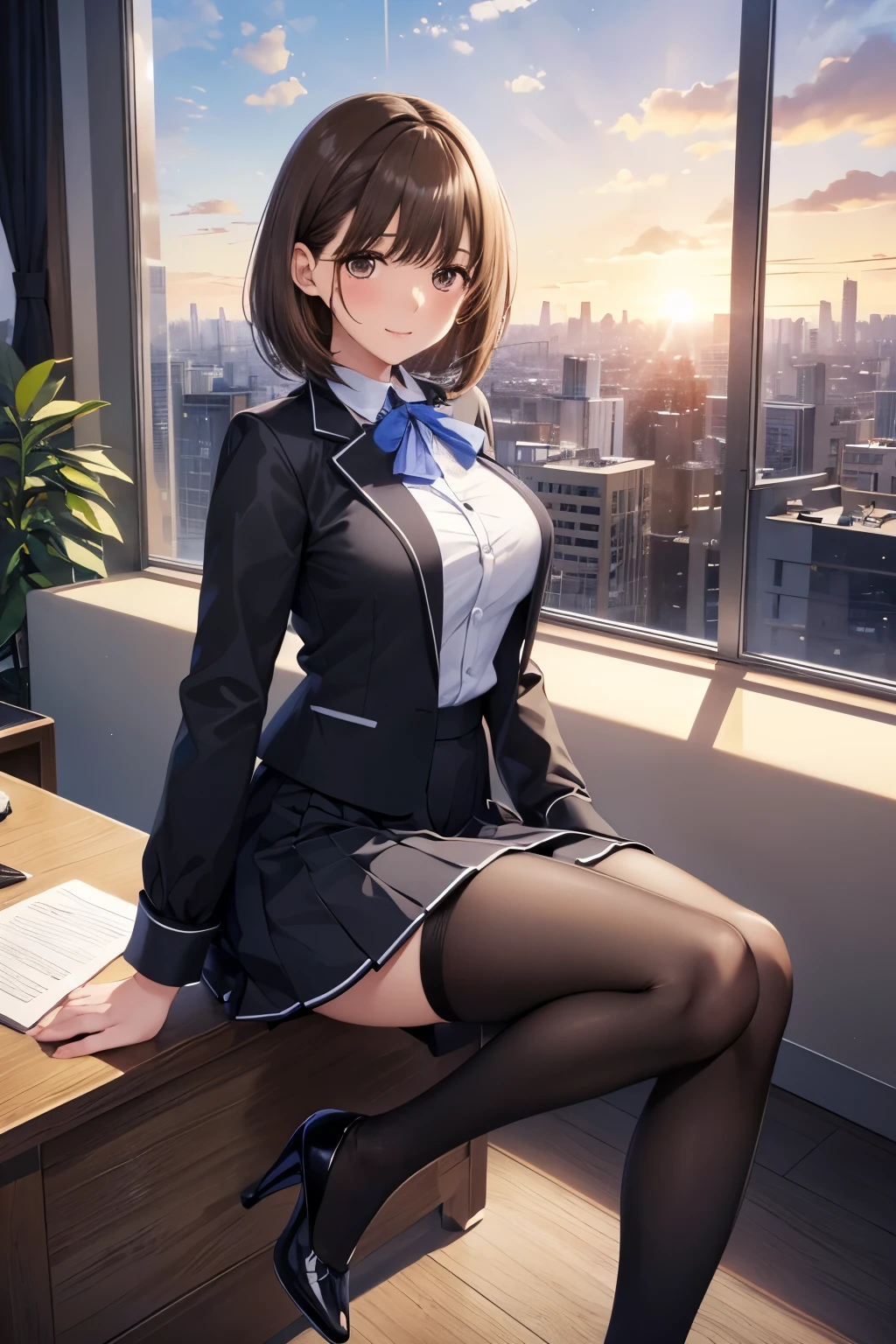 1girl, natural lighting, masterpiece, highly detailed, illustration, game CG, absurdres, high quality, aichan, large breasts, blue eyes, beautiful detailed eyes, short brown hair, side braid, school, blazer, plaid miniskirt, thigh highs, school hallway, squatting