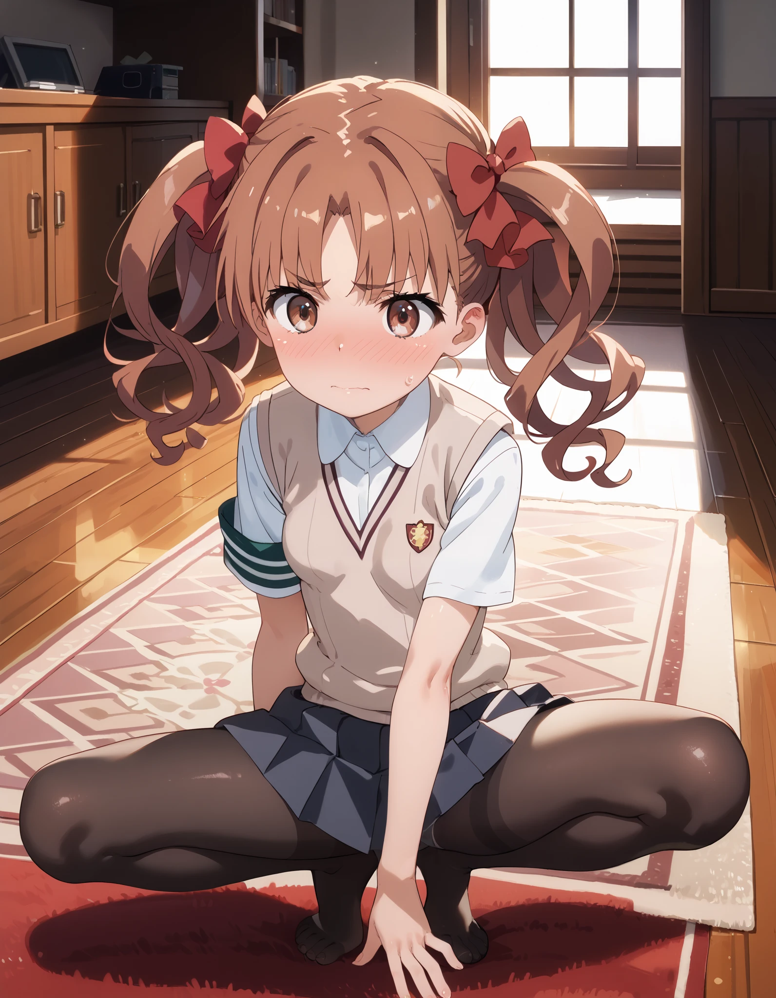 score_9, score_8_up, score_7_up, score_6_up, score_5_up, score_4_up, source_anime, masterpiece, best quality, , petite, shiny skin, gleaming skin, small breasts, kuroko shirai, brown hair, long hair, parted bangs, brown eyes, ringlets, twintails, hair bow, bow, red bow, armband, black skirt, collared shirt, dress shirt, pleated skirt, safety pin, school uniform, shirt, short sleeves, skirt, summer uniform, sweater vest, tokiwadai school uniform, twintails, white shirt, brown sweater vest, underbust, embarrassed, on floor, indoors, :o, carpet, Stretch one leg,, spread legs, black pantyhose,, panties under pantyhose, panties, full body,