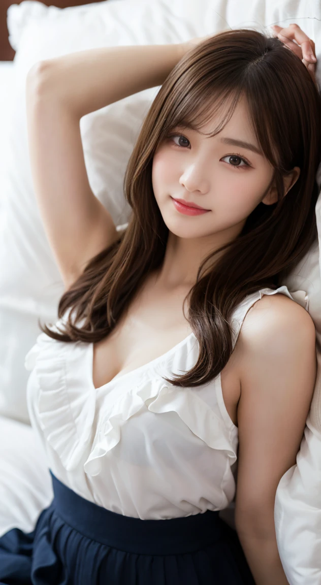Ulsan-6500-V1.1、Extremely detailed、High definition、Raw color photo、wide shot、1 young woman、Kpop Girl、high detail skin、soft light from above、vivid colors、shiny white skin、wonderful face and eyes、Light makeup、Smile、thin lace long dress、long legs、flower garden、lie face down on the bench、Wake up your upper body、