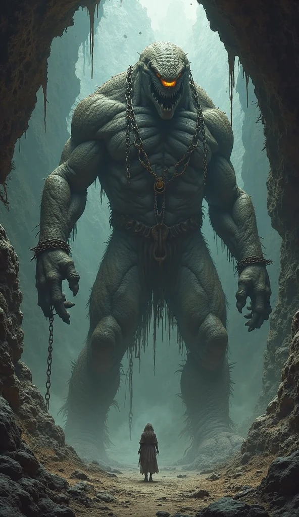 A large alien，Chained，There are a few small aliens under my feet