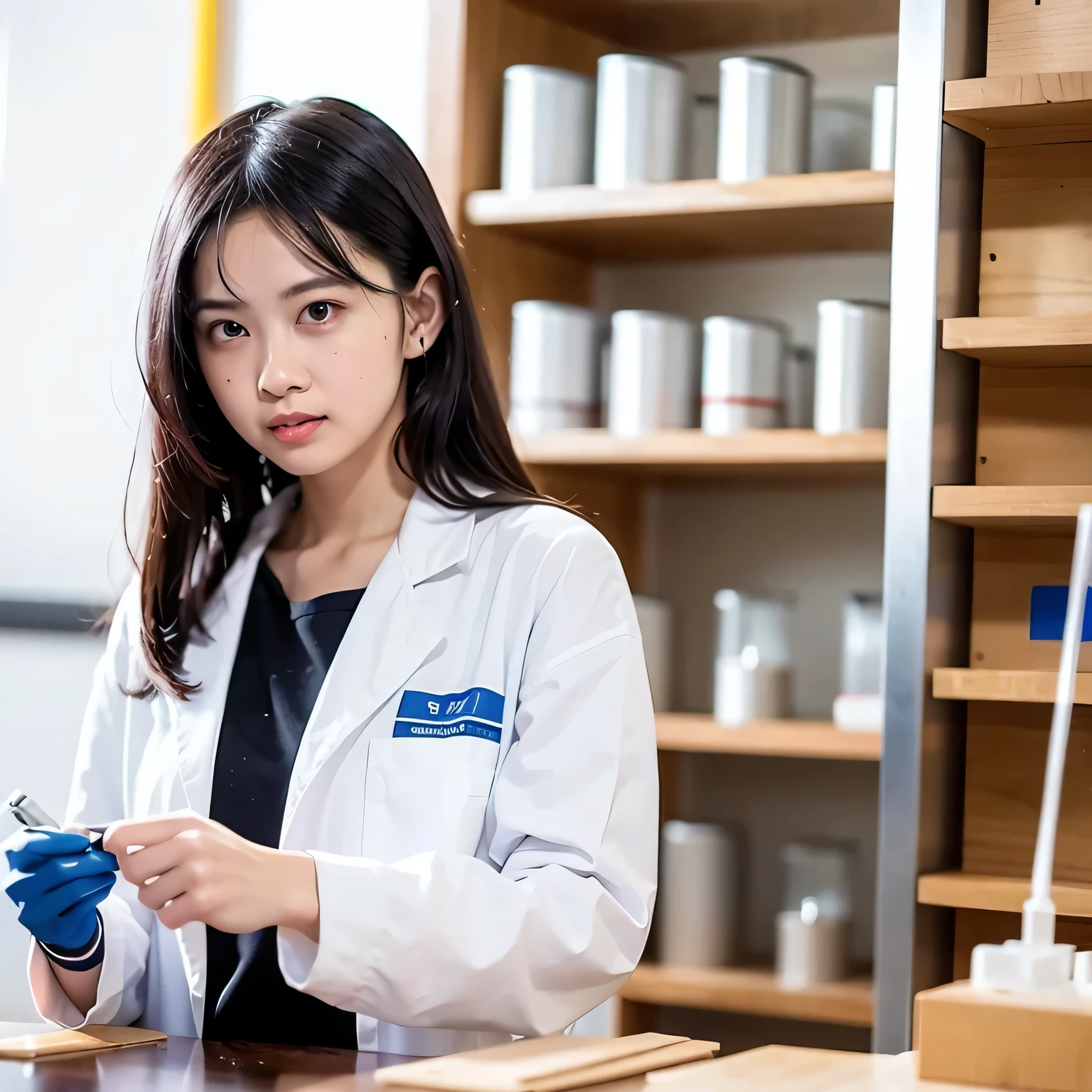 Depict a 20-year-old, stunningly beautiful woman conducting an experiment in a well-equipped science lab. She wears a pristine white lab coat over professional attire, her expression focused as she carefully handles scientific instruments. Whether her hair is long and neatly tied back or short and styled, she maintains a meticulous appearance suited for the lab environment. The background features shelves filled with scientific equipment, adding to the immersive atmosphere of the setting. Black hair, shoulder-length, dark eyes.