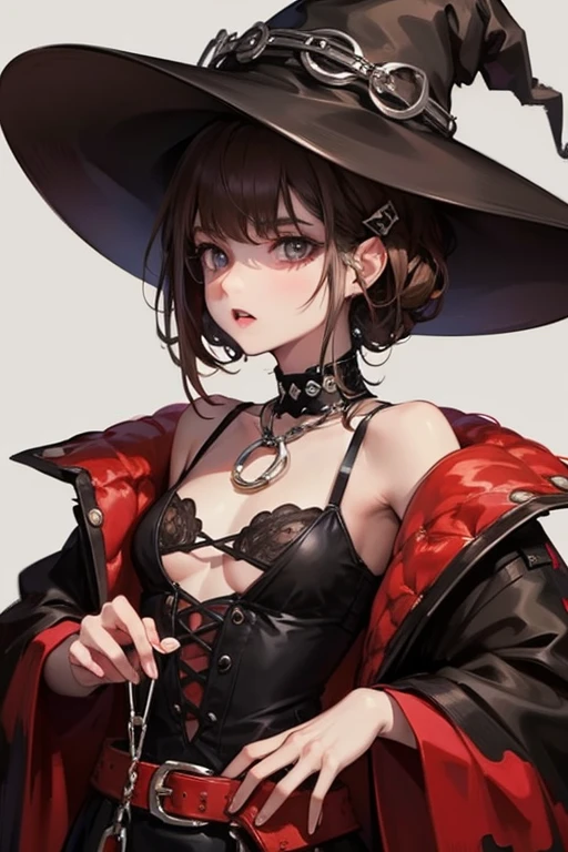 whole body, modern witch outfit, hat, absurdres, RAW photo, extremely delicate and beautiful, masterpiece, Best Quality, ultra high resolution, 32k, hyperrealistic, ultra-detailed, perfect figure, perfect shape, detailed description, pale skin, 20 years old, detailed beautiful face and eyes, tearful mole, earring, short medium hair, wavy hair,