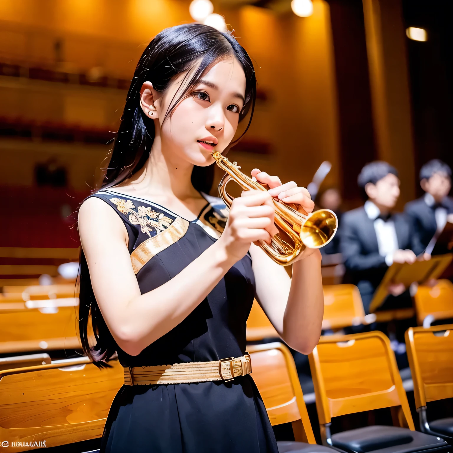 Depict a 20-year-old, dazzlingly beautiful woman playing a brass instrument in a grand concert hall. She wears an elegant yet practical band uniform, designed with intricate gold embroidery. Her posture is poised, fingers positioned with precision, her eyes focused as she plays passionately. The warm stage lighting highlights the shine of her instrument, creating a visually striking contrast between her and the surrounding orchestra. Black hair, shoulder-length, dark eyes.