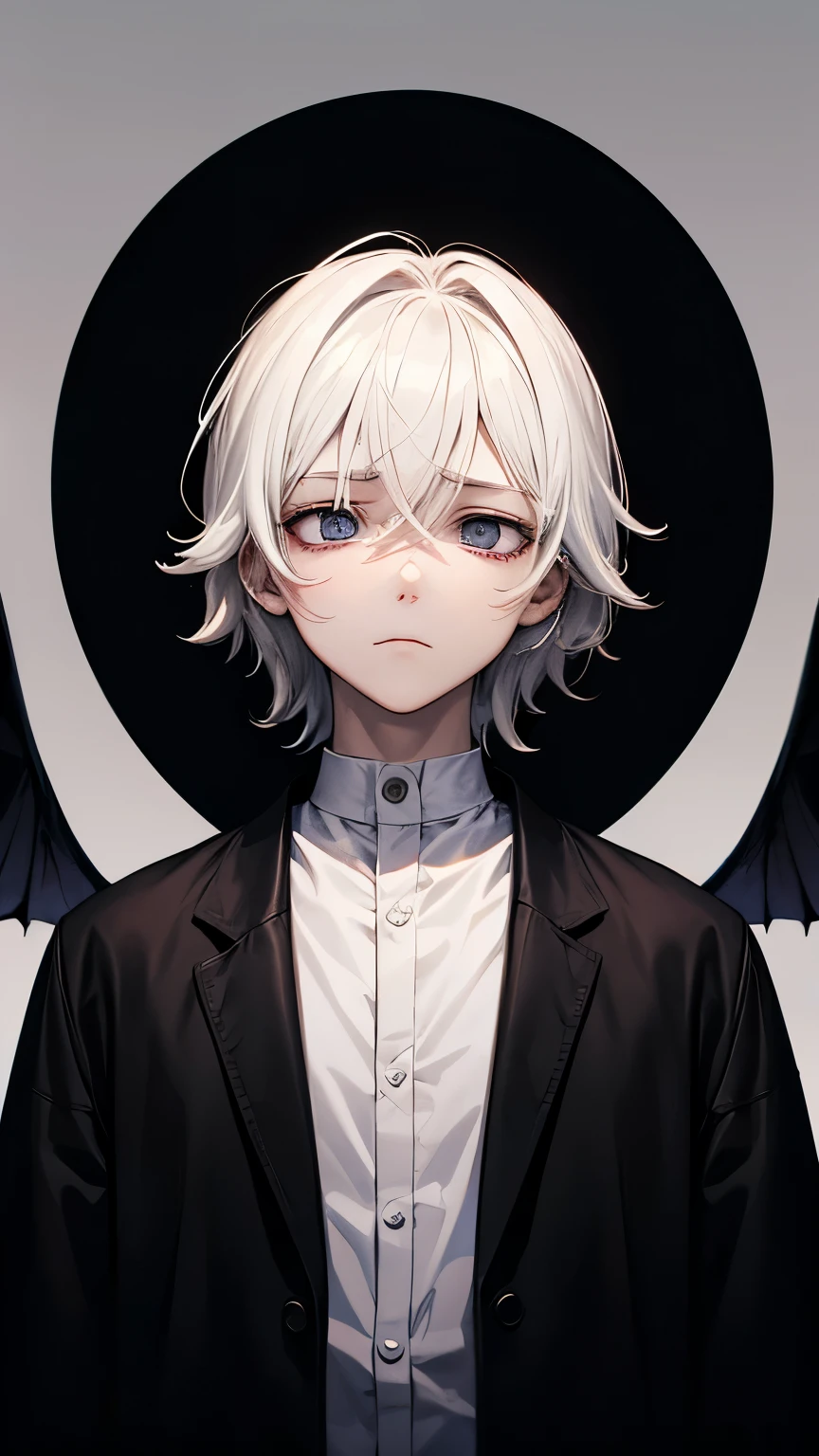 Boy, White hair, grey eyes, small black bat wings on the back and head