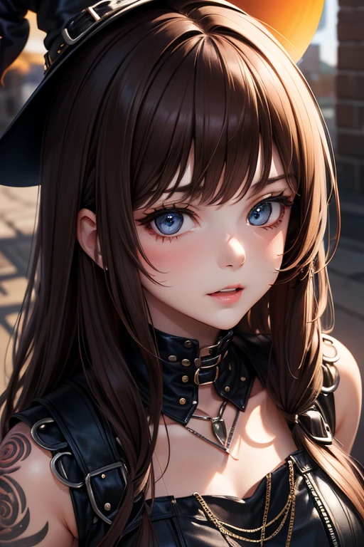 A flirtatious, provocative smile,One female、Beautiful light brown hair,tattoo、Rock T-shirt,Ripped jeans,slenderbody,Live Studio,Ultra-high resolution, Accurate, Super detailed, Textured skin, High detail, highest quality, 8k, Detailed Hair,Detailed eyes,Focus on the face,Depict the figure from the waist up,rockstyle,Bitch,T-back