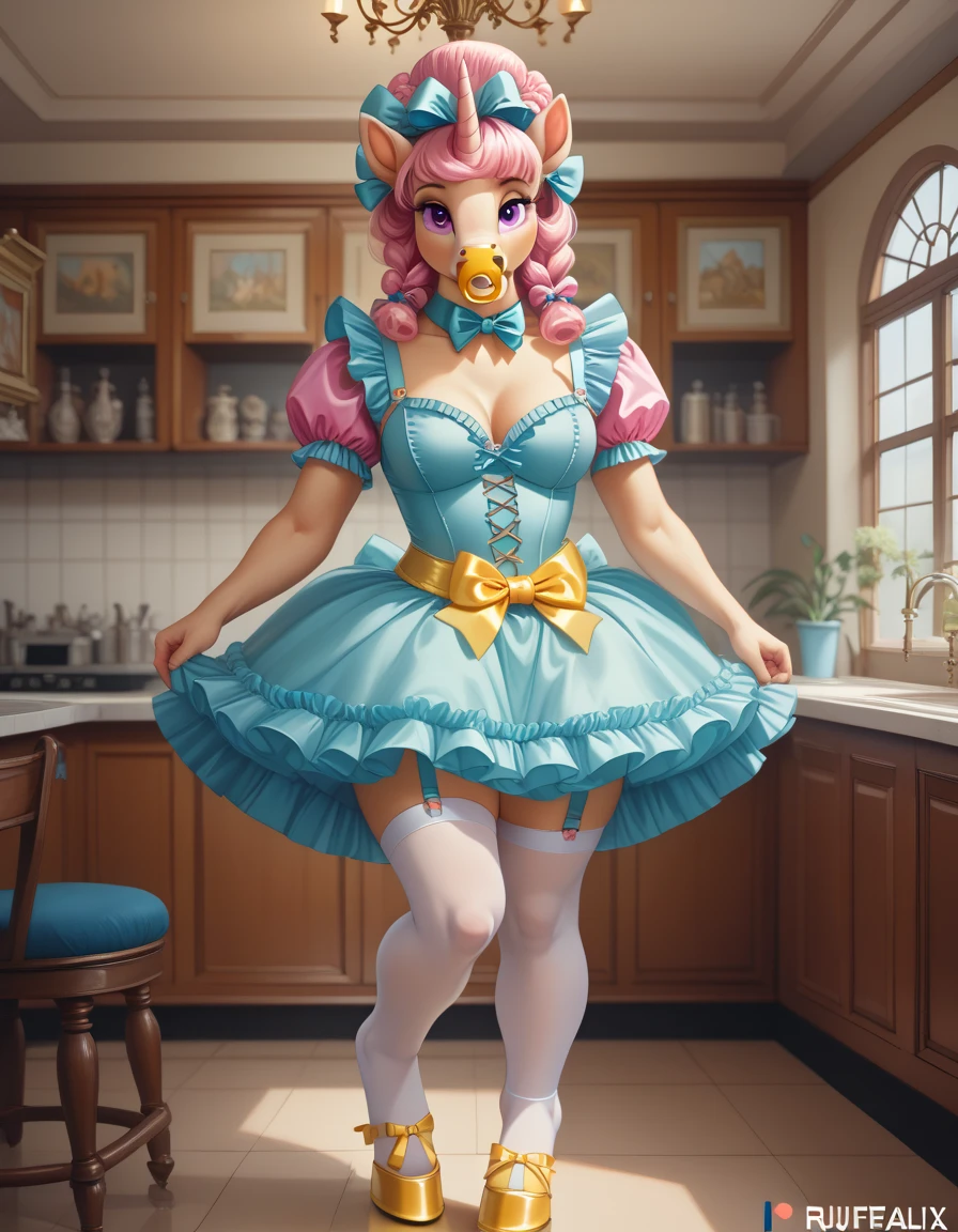 Sugar Rush Evelynn,1 girl, in a kitchen,  provocative smile, Strapless dress, mitts, chocolate no corpo, chocolate legs high thighs, strawberry hair ornament, multicolored hair, he pink, colored fur, Off The Shoulder, whole body, high resolution, 8k

