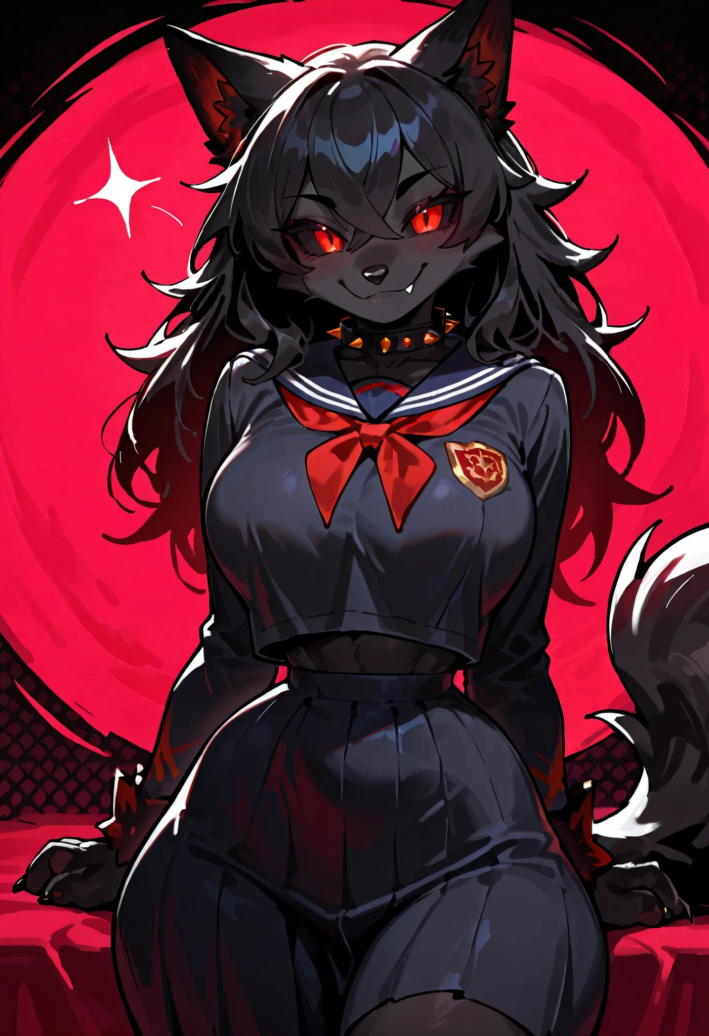masterpiece, best quality, amazing quality, very aesthetic, high resolution, ultra-detailed, absurdres, newest, anthro, Hellhound, solo, long hair, black hair, closed mouth, smile, fang, school uniform, spiked collar, large breasts, slim waist, wide hips, playful pose, seductive, looking at viewer, abstract background,