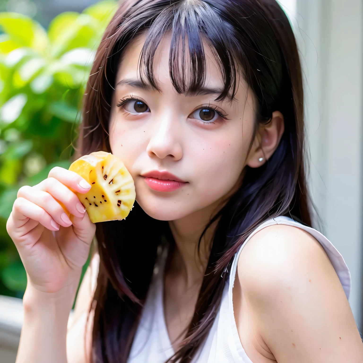 She is holding a banana with its peel partially removed, revealing the white fruit inside. She is eating the exposed white part. Black hair, shoulder-length, dark eyes.