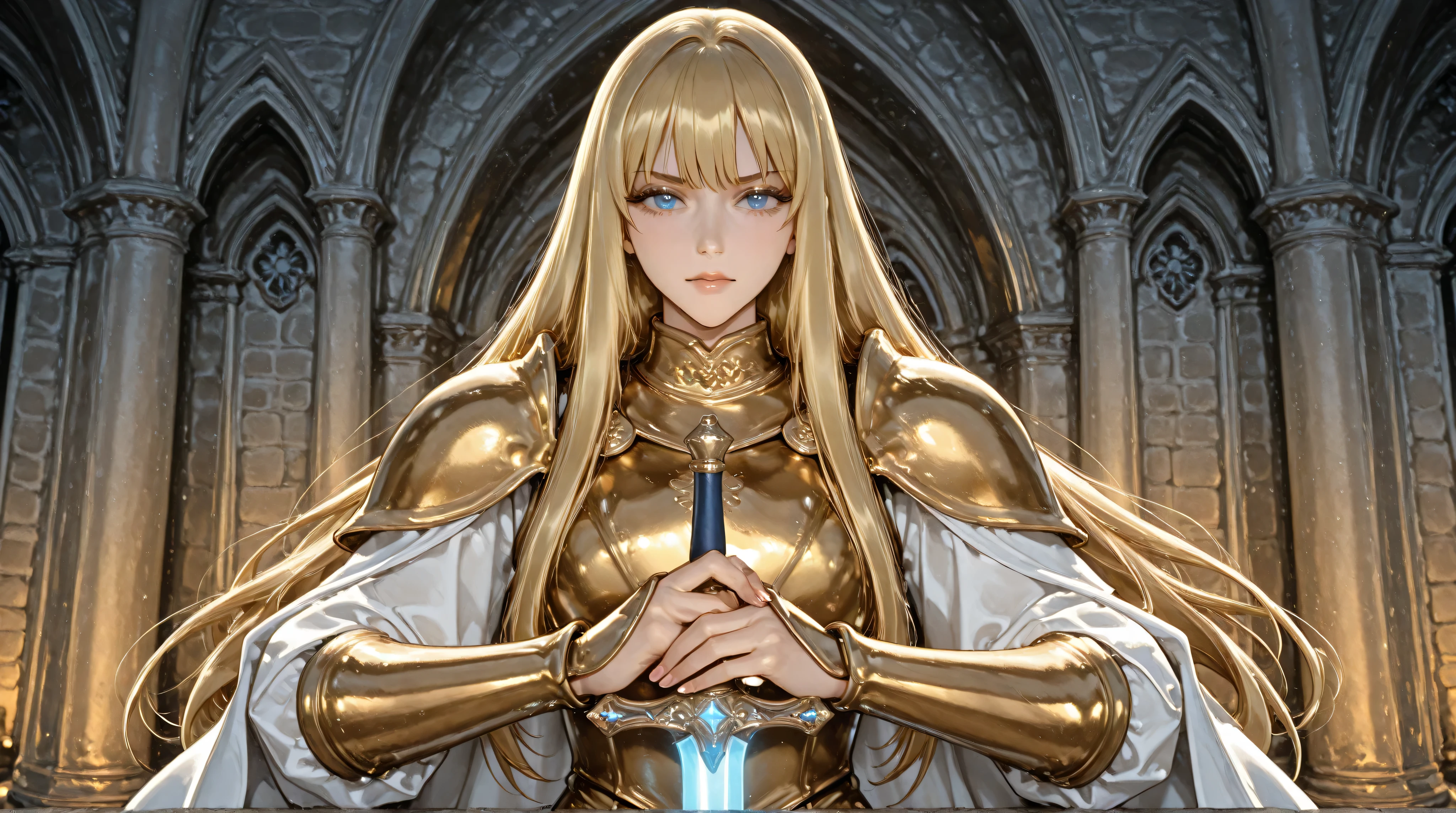 An anime-style blonde girl dressed in a majestic golden Western-style suit of armor stands in front of a grand medieval castle. She holds a glowing sword in her right hand, its radiant light reflecting off her polished armor. As she gracefully turns around, her determined yet noble expression captures a sense of strength and elegance. The towering castle behind her, with its intricate stone walls and high towers, adds to the epic and regal atmosphere. A full-body depiction showcases her heroic presence in this fantasy setting.