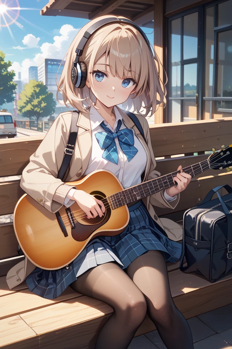 A girl with tight skirt sitting on bench with guitar 