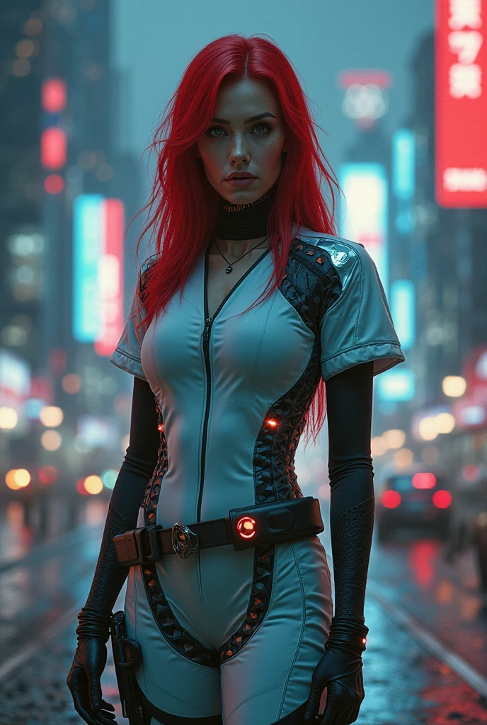 there is a woman with red hair and a black and red outfit, hyper-realistic cyberpunk style, ultrarealistic 8k, hyperrealistic, woman, angry gorgeous goddess, beautiful woman model, [foggy cityscape in the distance : very pretty girl, city:0.33] immersed in a giant flow of wind, living in a thunder cloud, behind the cloud, (double exposure:1.3), photo by Brandon Woelfelmist, surreal dream, gray atmosphere, rainy day, dynamic, lut, hdr