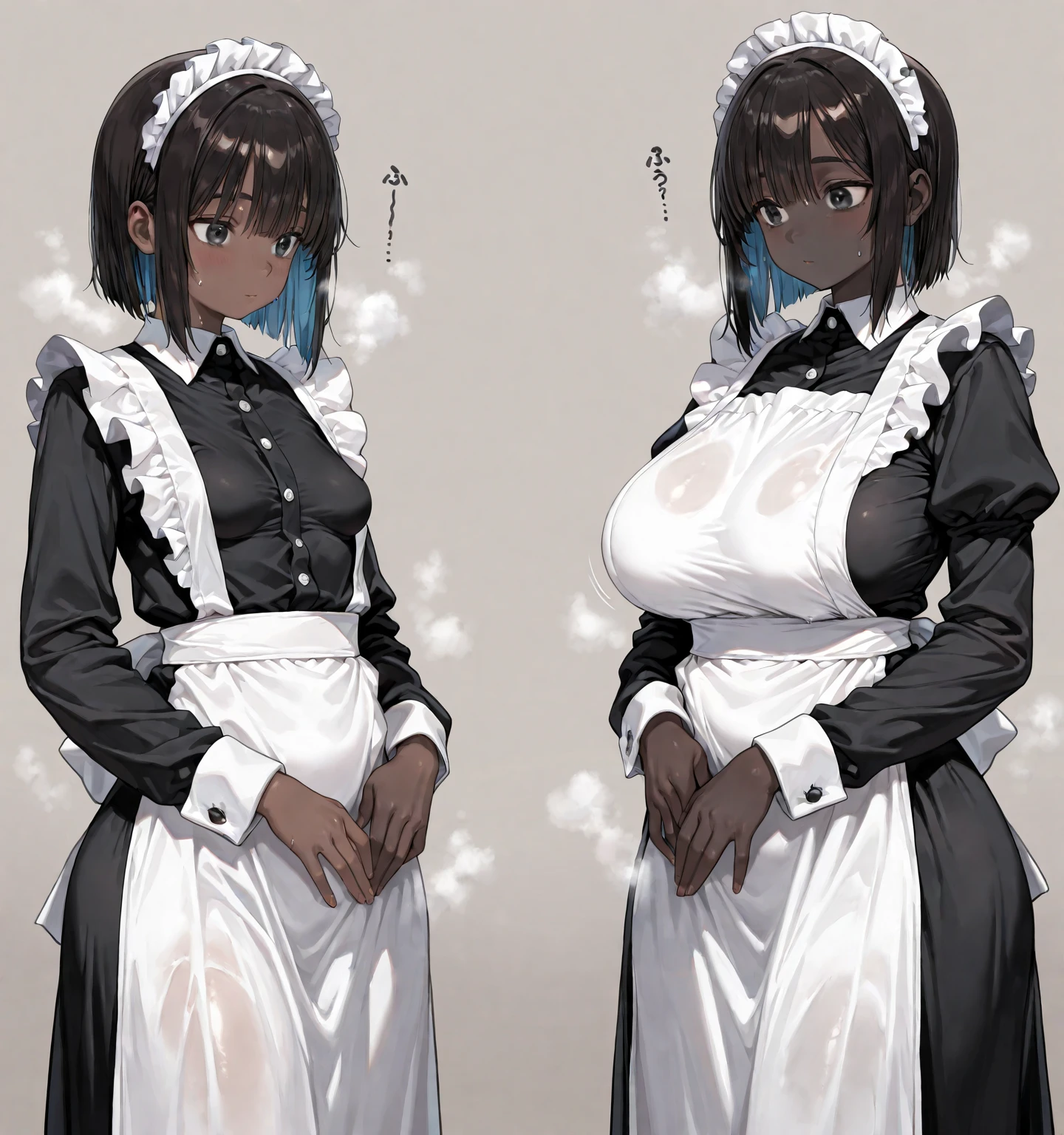 (((2girls, darkskin girls,sporty baristas with African-American features, extremely horny, slutty, cute and beautiful, serving customers))),::2 (((tomboy on Left: (busty,),firm body, darkskin, (((Black hair with blue streaks:1.35, half shaved hair, long hair:1.4, colored inner hair,ear breathing))),((heterochromia, eye1 black, eye2 turquoise, upturned bedroom eyes:1.3)))::1 (((cool girl on right:( busty:1.4), darkskin, firm body,(((Black hair with orange streaks:1.35, braided hair, short hair:1.4, colored inner hair,ear breathing))),((heterochromia, eye1 brown, eye2 honey, perfect eyes, hoodded bedroom eyes:1.3,)))::1 ((perfect eyes, beautiful detailed eyes, finely detailed beautiful eyes:1, big highlight on eyes:1.2, lustrous skin:1.5,dark skin:1.5,melaninated,shiny skin,very shiny skin,shiny body,plastic glitter skin,exaggerated shiny skin)))::1,(spider lower abdomen,narrow waist,wide hip,athletic body,inflated legs,delicate detailed fingers,detailed body,detailed arms,human hands, detailed hands)::1,
cute,slutty,seductive,erotic,nsfw,
zettai ryouiki,revealing clothing,show skin,((((underboob)))),((( tight bra, sporty thong,visible thong straps))),(slutty baristas outfit:1.3,micro skirt,semi- with little clothing,),(detailed outfit,detailed clothes),
(dynamic pose:1.0), , centered, scale to fit dimensions, Rule of thirds,
night club Background: 1.5,dark sky,street,crowd, cafe, strobelight thick fog, detailed background:1.25),
(best quality), (high resolution), (sharp focus), (ultra detailed), (extremely detailed), (extremely high quality artwork), 8k_wallpaper, (extremely detailed CG 8k),(very fine 8K CG), ((hyper super ultra detailed perfect piece)), flawless, (((masterpiece))), illustration, vibrant colors, (intricate), High contrast, Selective lighting, Double exposure, HDR (High Dynamic Range), Post-processing, Background blur,