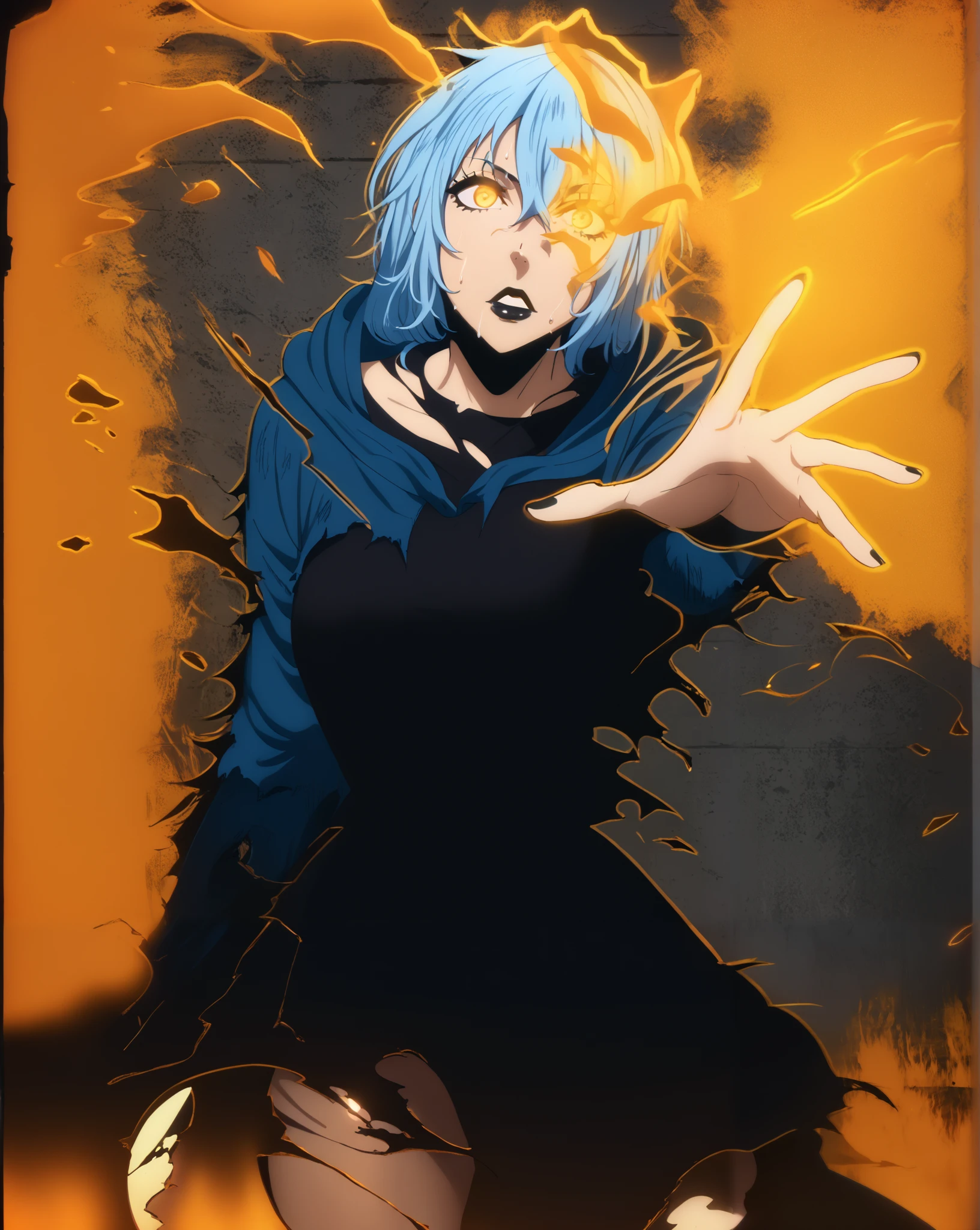 score_9, score_8_up, score_7_up, score_6_up, score_5_up, score_4_up, uncensored, GrRimuru, rimuru tempest, long hair, hair between eyes, blue hair, yellow eyes, androgynous, mature female, (black lipstick, black lips:1.3), (small breasts:1.3), anime coloring, anime screencap, (voluptuous:1.3), (thick:1.3), BREAK UHD, retina, masterpiece, accurate, anatomically correct, textured skin, super detail, high details, high quality, award winning, best quality, highres, 4K, excessive sweating, sweating, sweating drop, (gasping, heavy breathing:1.3), (skindentation:1.2), perfect eyes, beautiful eyes, eyelashes, makeup, detailed body, perfect body, BREAK, (aura), (black aura:1.2), (aura:1.4), solo, hood, 1girl, cloak, hood_up, glowing, torn_clothes, grey_background, simple background, particle, gothic, glowing eyes