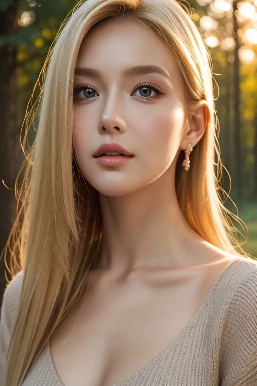 Close-up portrait, Sexy SS Blonde, parted lips, lips, Casual Dresses, View your audience, Forest Background, Sunset Light, Realistic、Large Breasts、Cleavage