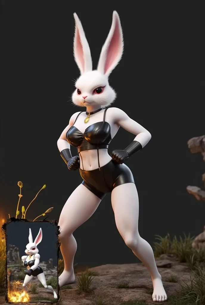 riven league of legends, riven lol, bunny costume, black bodysuit, small bunny tail, small fuzzy tail, black transparent panty-hose, red high heels, bunny ears, white short hair, holding a big claymore, bunny riven, 8k, hd, dramatic lighting, tall, muscular, pretty face, yellow eyes, detailed pose, grey bunny ears