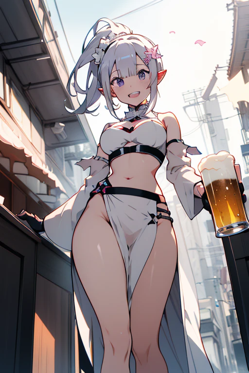 (Best Quality, Masterpiece),sexy, erotic, 1girl, 18 years old, Contempt, pride, long hair, ((green eyes)), looking at viewer, looking at viewer, warm light, ((( panties))), (small breasts), big butt, ((smirk)), ((bunny suit)), (thick thighs), ((grabbing own ass)), smile, ((ass)), back, elf ears, ponytails, bunny ears, ((medieval bar))