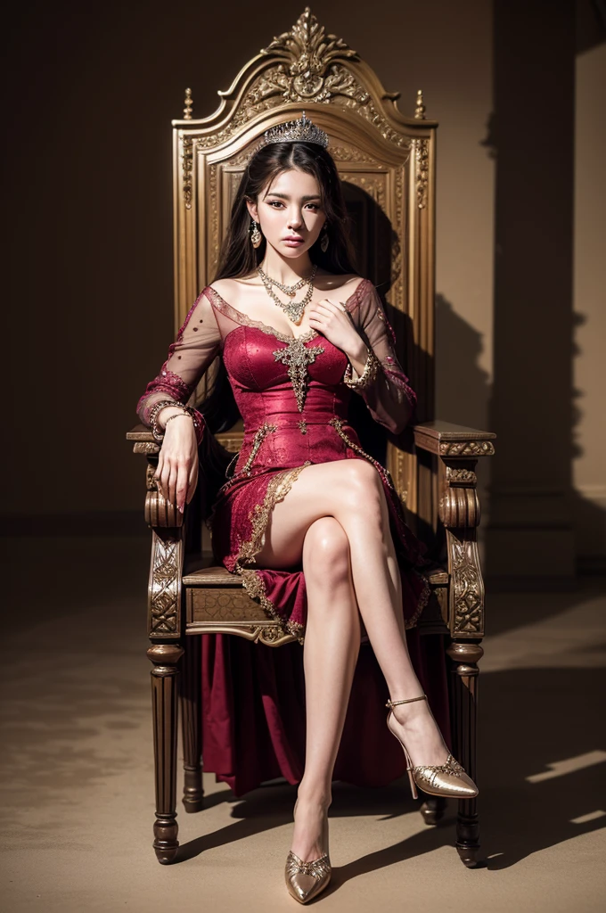 A woman with a very large bust sits on a throne with her legs crossed