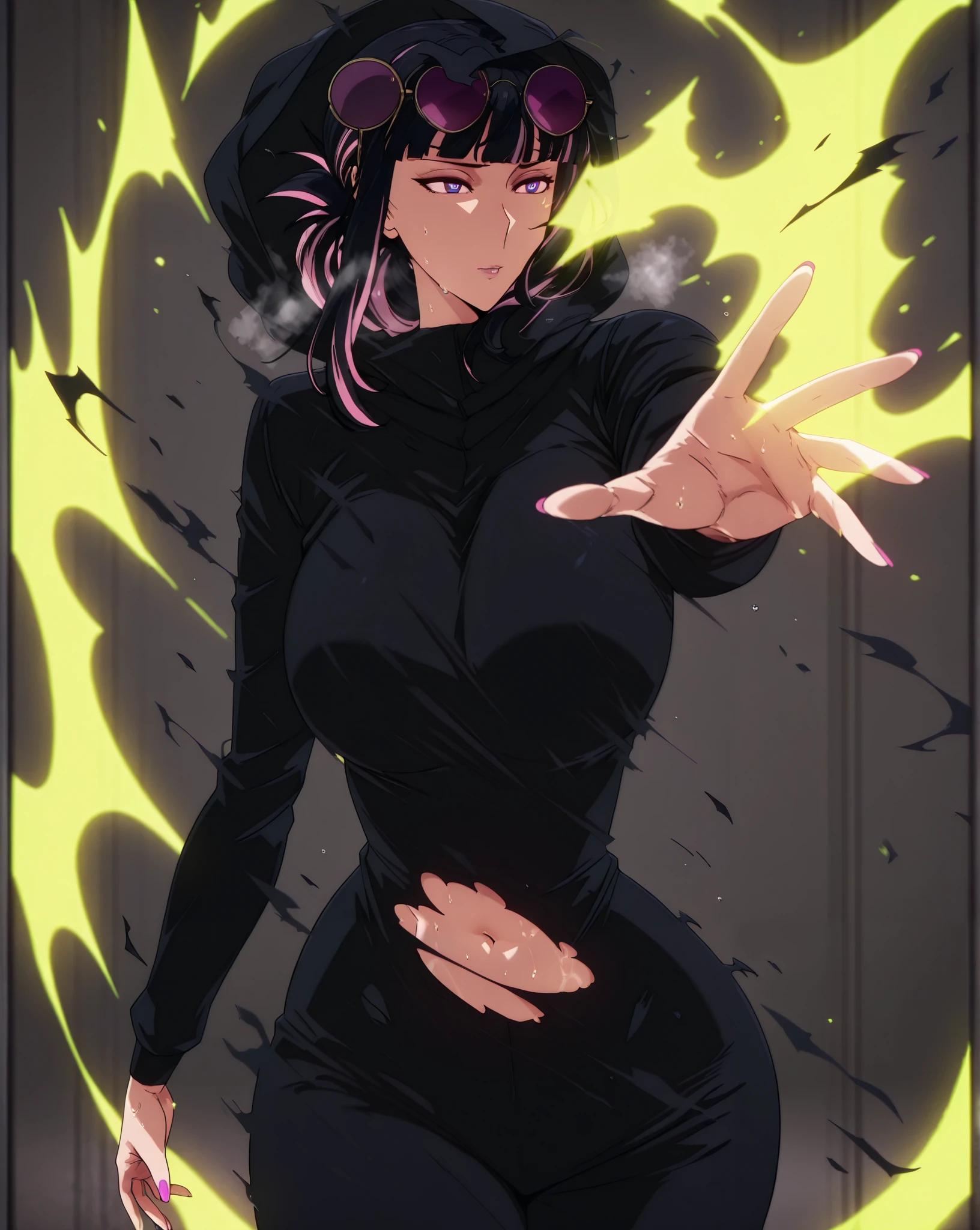 (oda non-style:1.2), (cafekun-style:1.4), anime coloring, anime screencap, anime-style, detailed background, vignetting, masterpiece, high quality, absurdres, best quality, very aesthetic, newest, dynamic composition, anatomical correct, HD, 4K, digital art, trending on ArtStation, perfect body, perfect eyes, perfect fingers, gasping, heavy breathing, excessive sweating, sweating, sweating profusely, gasping profusely, cinematic, ((skindentation)), ((curvy)), source_anime, anemone monemone, black hair, long hair, two-tone hair, blunt bangs, updo, sidelocks, multicolored eyes, sunglasses, eyewear on head, nail polish, pink nails, bright pupils, ((flabby stomach)), plump, (aura), (black aura:1.2), (aura:1.4), solo, hood, 1girl, cloak, hood_up, glowing, torn_clothes, grey_background, simple background, particle, gothic, glowing eyes
