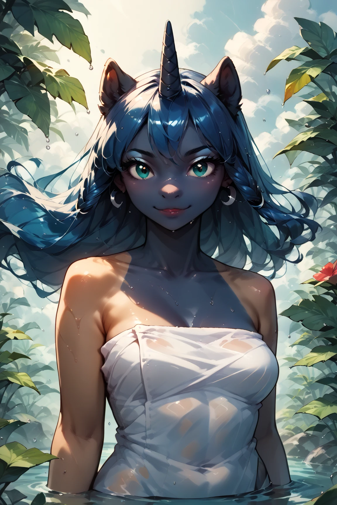 luna (zummeng), masterpiece, best quality, 1girl, horns, solo, cleavage, furry female, furry, antlers, japanese clothes, kimono, blue skin, glowing, blue theme, glowing skin, glowing hair, glowing clothes, glowing eyes,