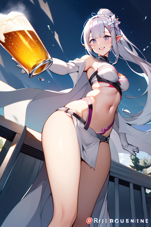 fairy knight lancelot (fate), 1girl, solo, long hair, breasts, looking at viewer, blush, smile, bangs, simple background, white background, navel, bare shoulders, brown eyes, swimsuit, ponytail, white hair, heart, sidelocks, bikini, thighs, small breasts, one eye closed, tongue, tongue out, v, black bikini, bottle, forked eyebrows