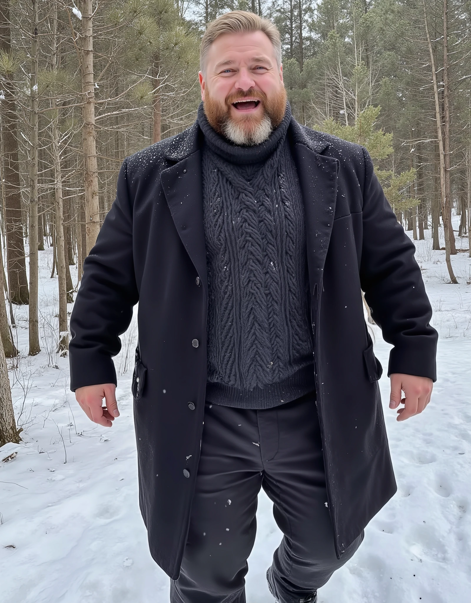 Masterpiece, Accurate, Award Winning, Best Quality, Extremely Detailed, 8K, HD, Super-Resolution, Realistic Textured Hair and Skin, ultra-photorealistic. A ((tall, burly, heavily muscled Caucasian man)) with ((fair skin, thick golden-brown beard, bright blue eyes, and a strong angular jawline)) walks through a dense, snow-covered forest, his deep laugh visible in the cold air as his boots crunch through fresh powder. His ((long, dark woolen coat is left open, revealing a thick, cable-knit turtleneck sweater that clings to his broad chest and massive arms, his muscular thighs wrapped in fitted wool trousers)). His eyes gleam with happiness, his breath fogging up as he tilts his head back, letting snowflakes land in his thick beard. The softly blurred background reveals ((towering evergreen trees blanketed in snow, dappled sunlight filtering through bare branches, and the peaceful expanse of a winter wonderland stretching into the distance)). Camera: ((intimate profile headshot, slightly high angle for warmth and engagement)). Lens: ((Canon RF 85mm f/1.2L for rich facial detail and soft natural bokeh)). Shutter speed: ((1/500s to capture delicate snowflakes and dynamic movement)). Aperture: ((f/1.8 for dreamy background blur while keeping his face in sharp focus)). Lighting: ((soft natural winter light, highlighting the golden tones of his beard against the crisp white snow, adding contrast and warmth)).