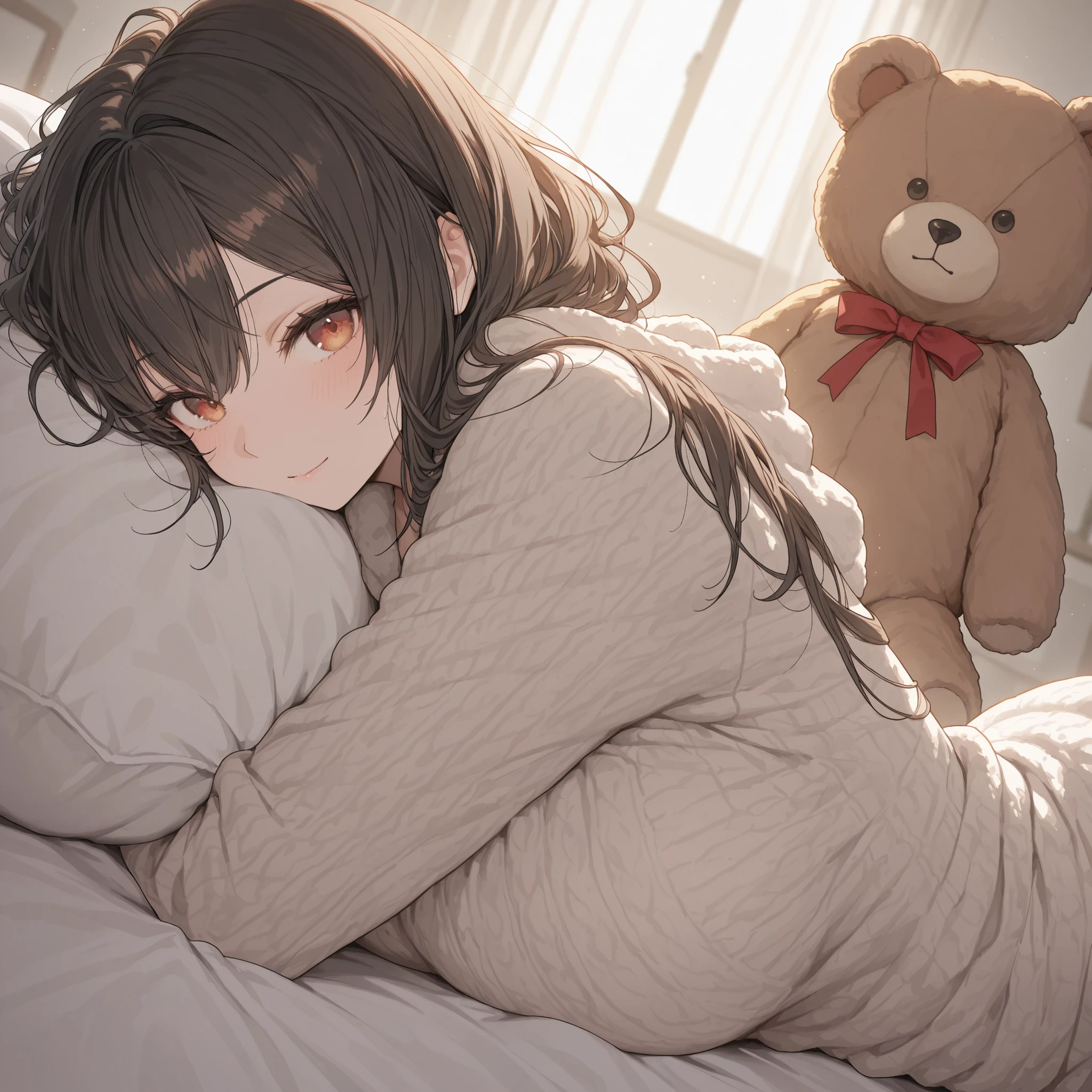 (detailed), perfect face, ((Best quality, 8k, Masterpiece: 1.3)), Highly detailed face and skin texture, Detailed eyes, brown hair, Bed, Still sleepy, looking up, full body, just woke up, Morning sunlight pours in through the window, Teddy bear, sleeping with a teddy bear, Composition looking down from above