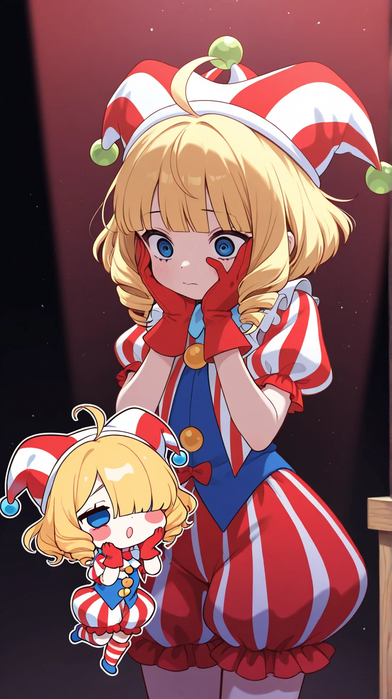 Clown Girl, Blue eyes, medium length loose hair blonde, clown makeup on the face star on the eye, Clown nose, white cat ears, clown costume