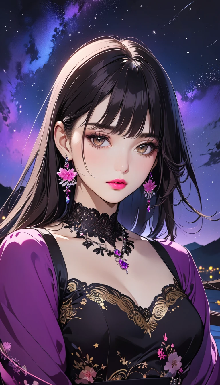 intense ink painting, 1 young woman with perfect face , perfect style, long brownish black hair , pink lips,   beautiful brown eyes, earrings, necklaces, purple sleeve dress,  perfect art , night sky, starry sky,  digital illustration art ,  anime illustration art, high image quality, best quality, 8k, 