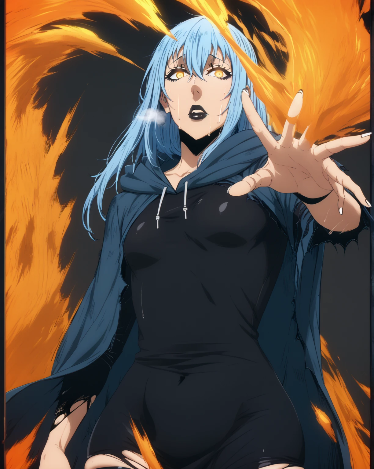 score_9, score_8_up, score_7_up, score_6_up, score_5_up, score_4_up, uncensored, GrRimuru, rimuru tempest, long hair, hair between eyes, blue hair, yellow eyes, androgynous, mature female, (black lipstick, black lips:1.3), (small breasts:1.3), anime coloring, anime screencap, (voluptuous:1.3), (thick:1.3), BREAK UHD, retina, masterpiece, accurate, anatomically correct, textured skin, super detail, high details, high quality, award winning, best quality, highres, 4K, excessive sweating, sweating, sweating drop, (gasping, heavy breathing:1.3), (skindentation:1.2), perfect eyes, beautiful eyes, eyelashes, makeup, detailed body, perfect body, BREAK, (aura), (black aura:1.2), (aura:1.4), solo, hood, 1girl, cloak, hood_up, glowing, torn_clothes, grey_background, simple background, particle, gothic, glowing eyes
