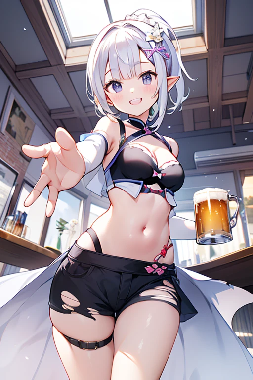 noelle (genshin impact), nsfw, hair braid, masterpiece, 1 girl, erect nipples, intricately detailed, topless, large nipples, erect nipples, puffy nipples, pubs, table, crowd, navel, bare shoulders, necklace, beer, tavern, inn, pub, crowd, maid skirt, waist apron, gray hair, embarassed, innocent smile, extremely detailed, photorealistic, octane render, 8 k, unreal engine, bare breasts, nipples, green eyes, carrying beer tray, bare stomach, sweaty, people on background, oktoberfest, smiling, moist breath, child, arm strap, breasts, braid, short hair, hair flower, armored skirt, knight skirt, silver hair, wavy hair, blush, bare shoulders, long nipples