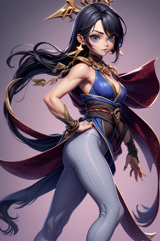 a woman, dressed as a queen, long black hair, with a super detailed graceful pose