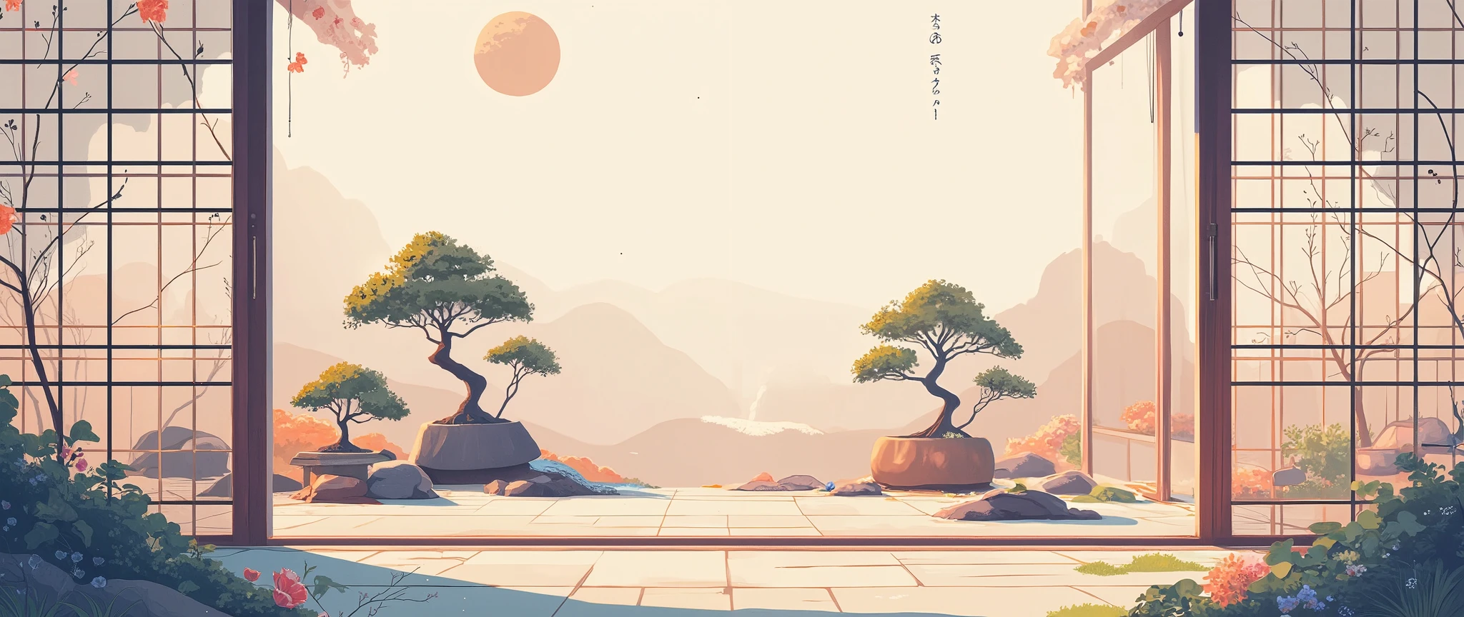 illustration in soft colors predominating , minimalism of a Japanese style living room with window to see the minimalist Japanese garden with bonsai trees, the stage evokes energy and elegance