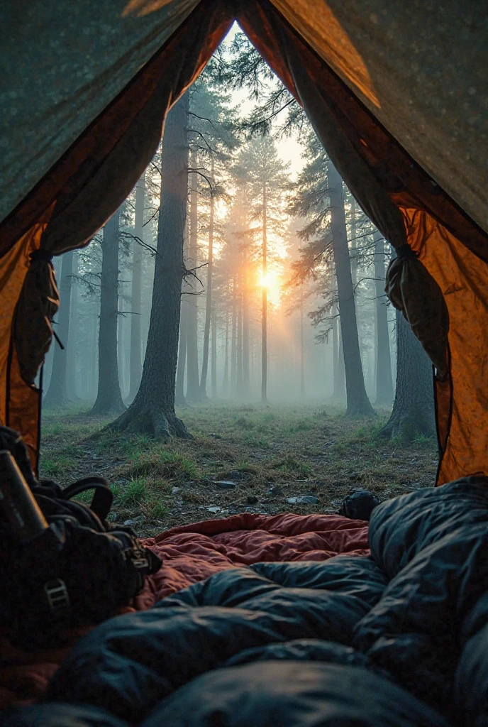 45yo girl, sitting, nude, brown long hair, Face Real, big chest, Smile, camping in the woods, tent, full body photo, natural pose, perfect hands