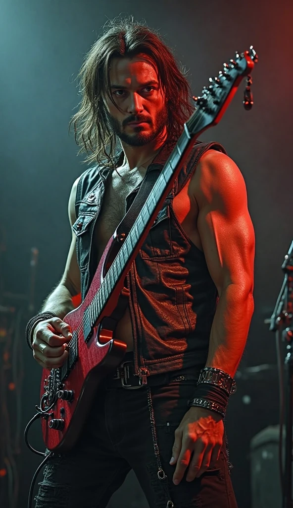 Handsome tall man with 6'2 height, 75 kg weight lean muscular body, rockstar guy , sharp brown eyes, big eye lashes; sharp jawline and chin and seductive looks, long and straight black hairs; in blue jeans; perfect guitar player on stage with tattoos in his chest and arms