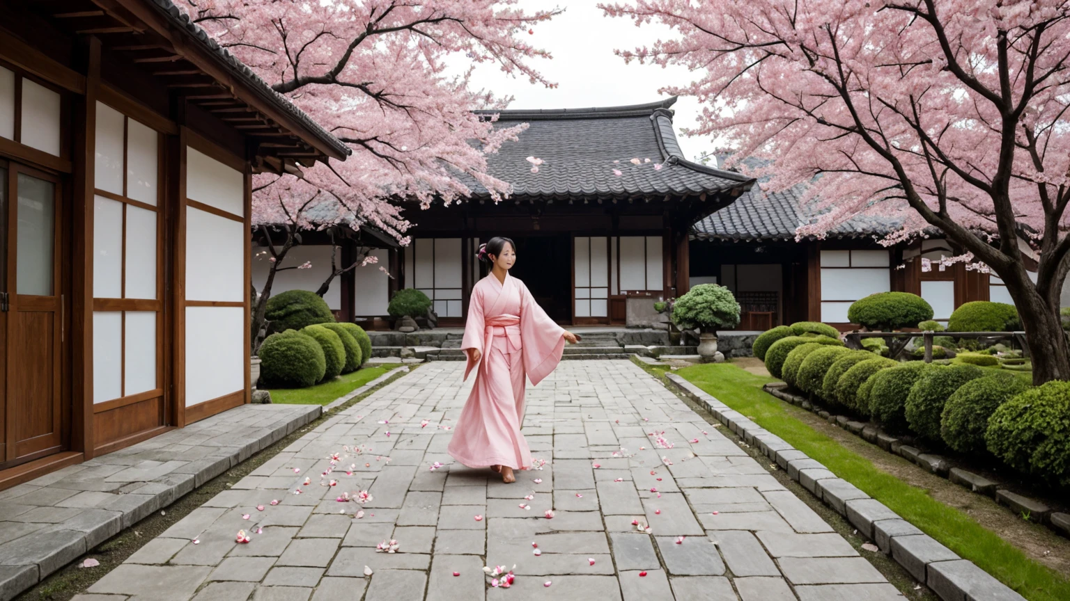 Cherry blossom petals flutter in the wind next to the ancient tower,Inside the terrace, A woman in Chinese clothing strokes a pipa
