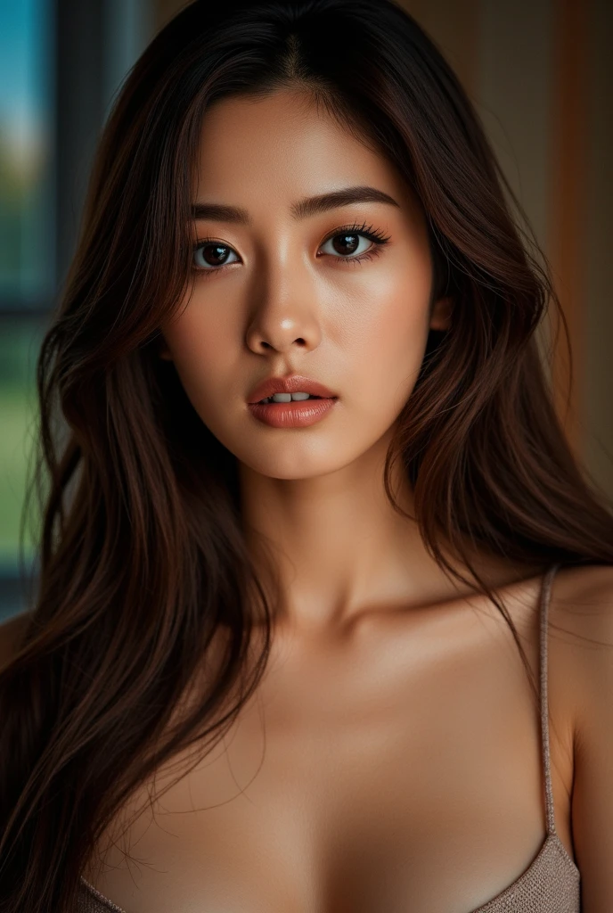 ((Best quality, 8k, Masterpiece :1.3)), A radiant topless Malay lady: 1.3, (long, wavy hair: 1.2), seductive pose: 1.2, ultra-delicate face, captivating eyes, seductive smile, bedroom
((High-resolution, photorealistic: 1.3)), A captivating topless Malay lady: 1.3, (wild, untamed hair: 1.2), extravagant bedroom decor: 1.2, intensely expressive face, captivating eyes, sensual expression, at ease
((Realistic, detailed, stunning