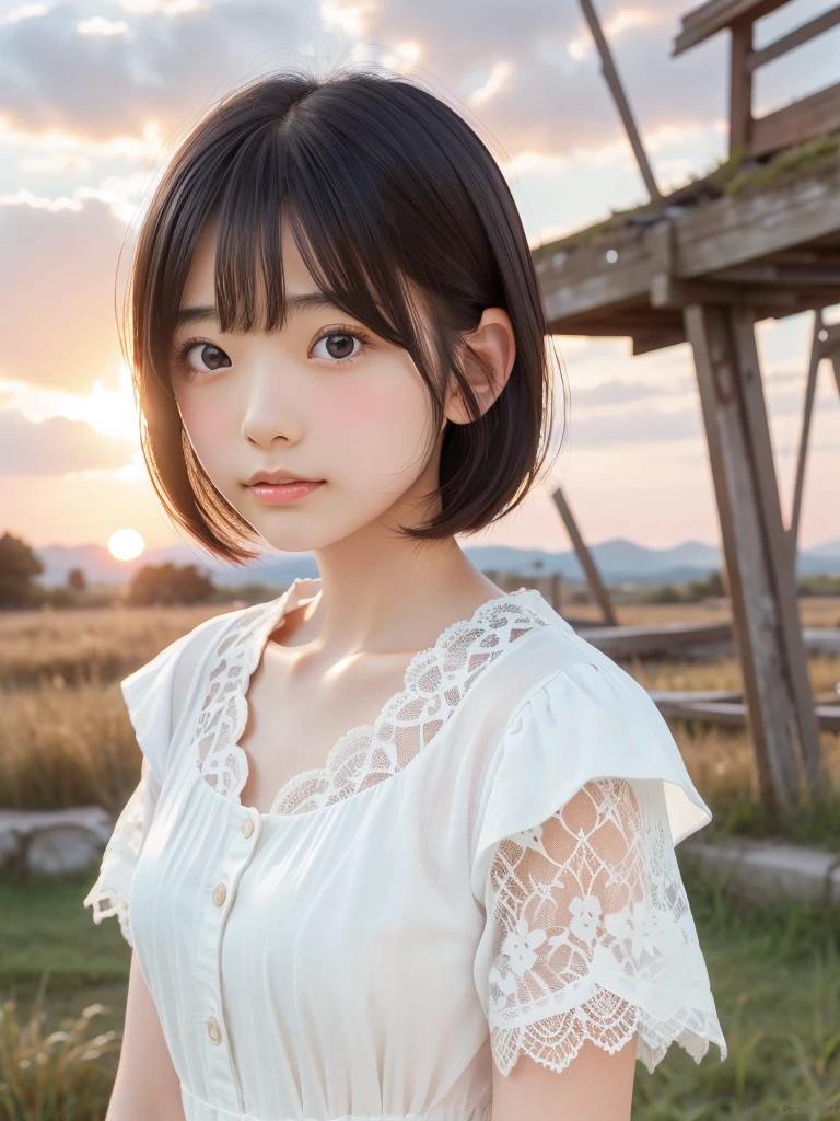 (Beautiful 12 year old Japanese female), cute face, (deeply carved face:0.7), (freckles:0.6), soft light,healthy white skin, shy, bob, (serious face), (sparkling eyes), thin