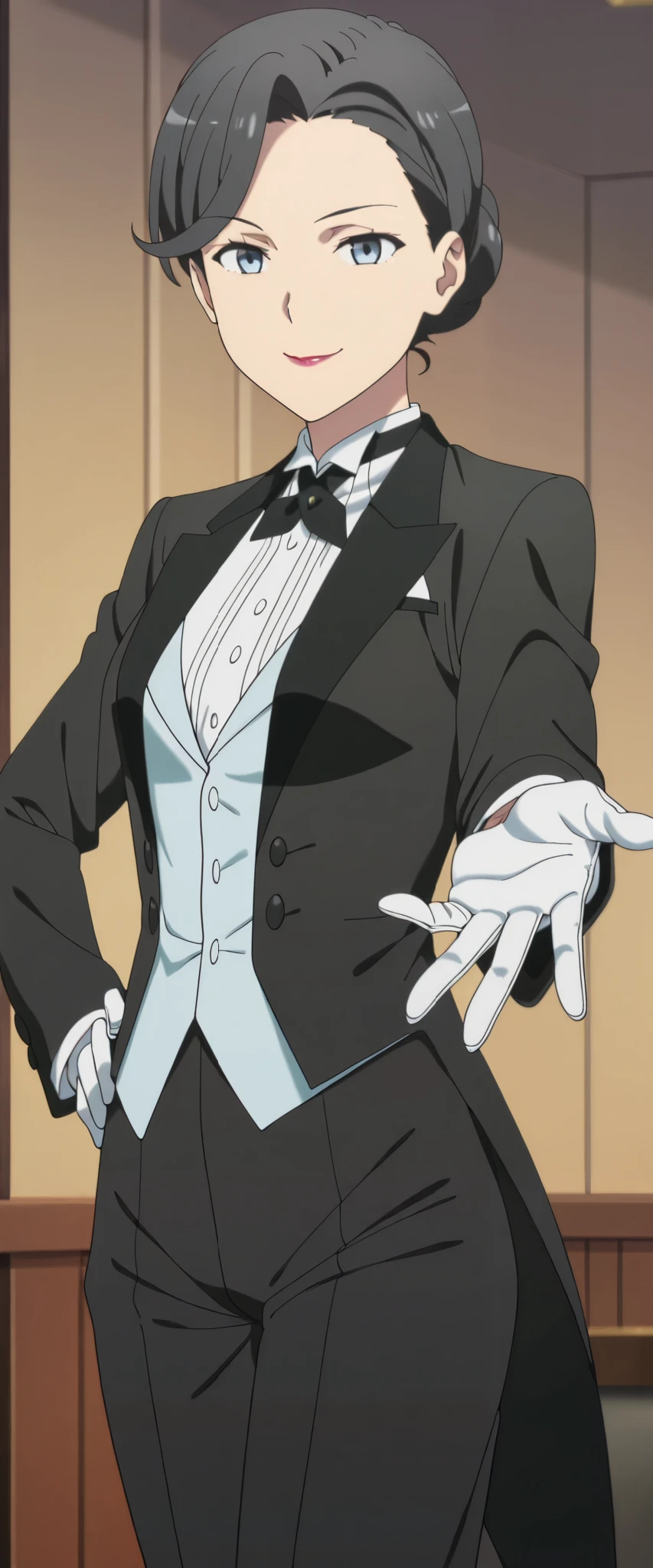 anime screencap,
1girl,solo,mm,mature female,hair bun,black hair,blue eyes,lipstick,anime coloring, tuxedo tailcoat, butler, hand on hip, she's looking at the camera with a calm smile,,looking at viewer, indoors,smile,, gloves ,masterpiece,best quality,amazing quality, reaching at viewer