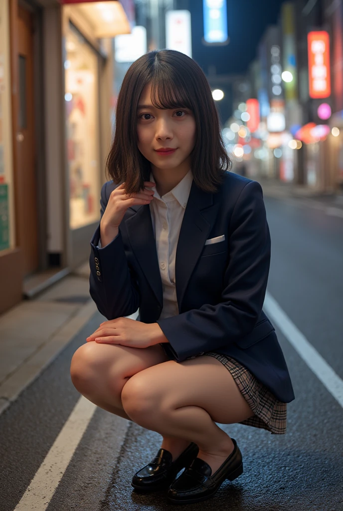 (8K、top-quality、masterpiece:1.2)、(reallistic、Photorealsitic:1.2)(ultra-detailliert、hight resolution)女の子1人、Slender Abs、sofas、hyperdetailed face、A detailed eye、二重まぶた、straight flat chest、tiny chest、small tits、Neat and clean girls、short-hair、Straight bob hair、Shorthair with bangs、A smile、jaket、Business suits、Recruit suit、Temporary Employees、Panties are visible from the skirt、22-year-old woman、Sheer white shirt、Dark blue pleated micro minexy、Peek at the viewer、(Shibuya at night in Japan:1.5)、Sidewalk lined with shops、Show me your whole body、sitted、Crouching、plump panty rack pumps、high-heels