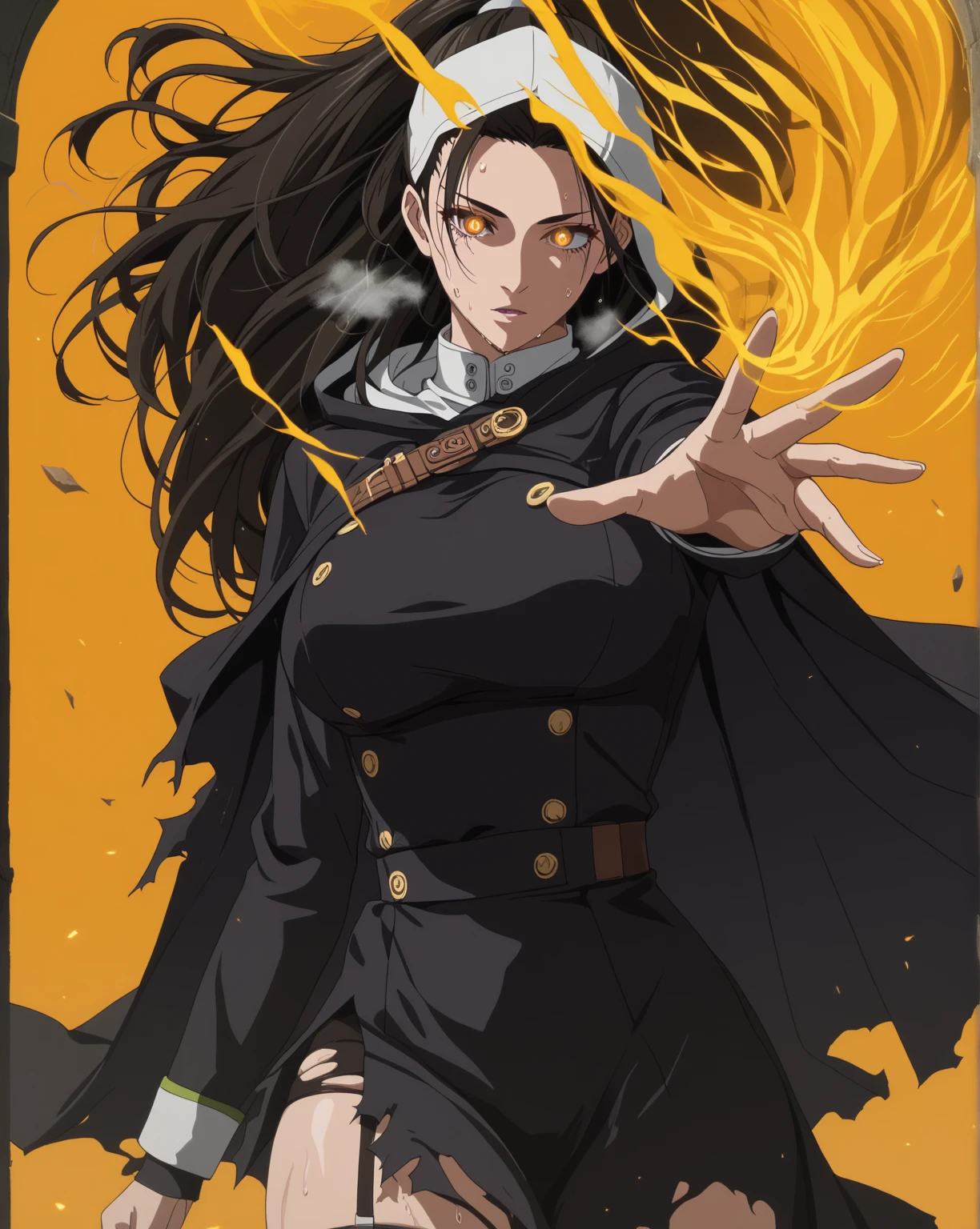 score_9, score_8_up, score_7_up, score_6_up, score_5_up, score_4_up, uncensored, KJOaiko, black hair, brown eyes, long hair, ponytail, anime coloring, anime screencap, (voluptuous:1.3), (thick:1.3), BREAK UHD, retina, masterpiece, accurate, anatomically correct, textured skin, super detail, high details, high quality, award winning, best quality, highres, 4K, excessive sweating, sweating, sweating drop, (gasping, heavy breathing:1.3), (skindentation:1.2), perfect eyes, beautiful eyes, eyelashes, makeup, detailed body, perfect body, BREAK, (aura), (black aura:1.2), (aura:1.4), solo, hood, 1girl, cloak, hood_up, glowing, torn_clothes, grey_background, simple background, particle, gothic, glowing eyes