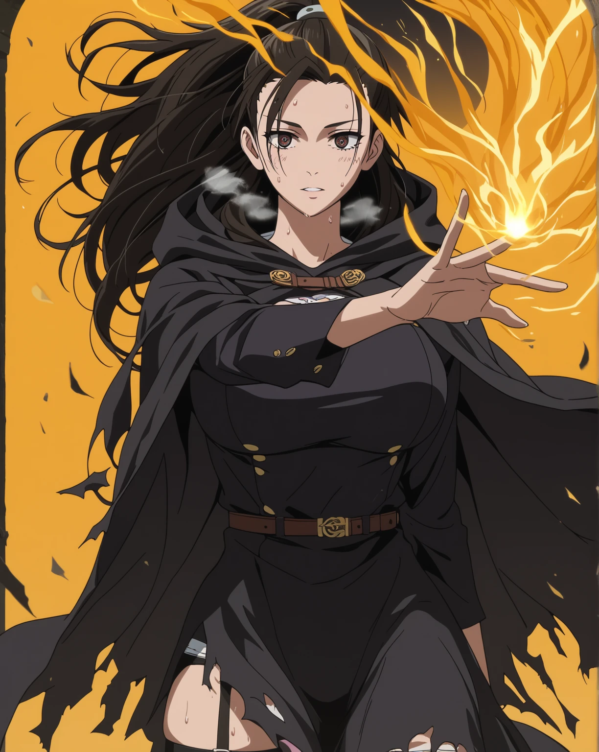 score_9, score_8_up, score_7_up, score_6_up, score_5_up, score_4_up, uncensored, KJOaiko, black hair, brown eyes, long hair, ponytail, anime coloring, anime screencap, (voluptuous:1.3), (thick:1.3), BREAK UHD, retina, masterpiece, accurate, anatomically correct, textured skin, super detail, high details, high quality, award winning, best quality, highres, 4K, excessive sweating, sweating, sweating drop, (gasping, heavy breathing:1.3), (skindentation:1.2), perfect eyes, beautiful eyes, eyelashes, makeup, detailed body, perfect body, BREAK, (aura), (black aura:1.2), (aura:1.4), solo, hood, 1girl, cloak, hood_up, glowing, torn_clothes, grey_background, simple background, particle, gothic, glowing eyes