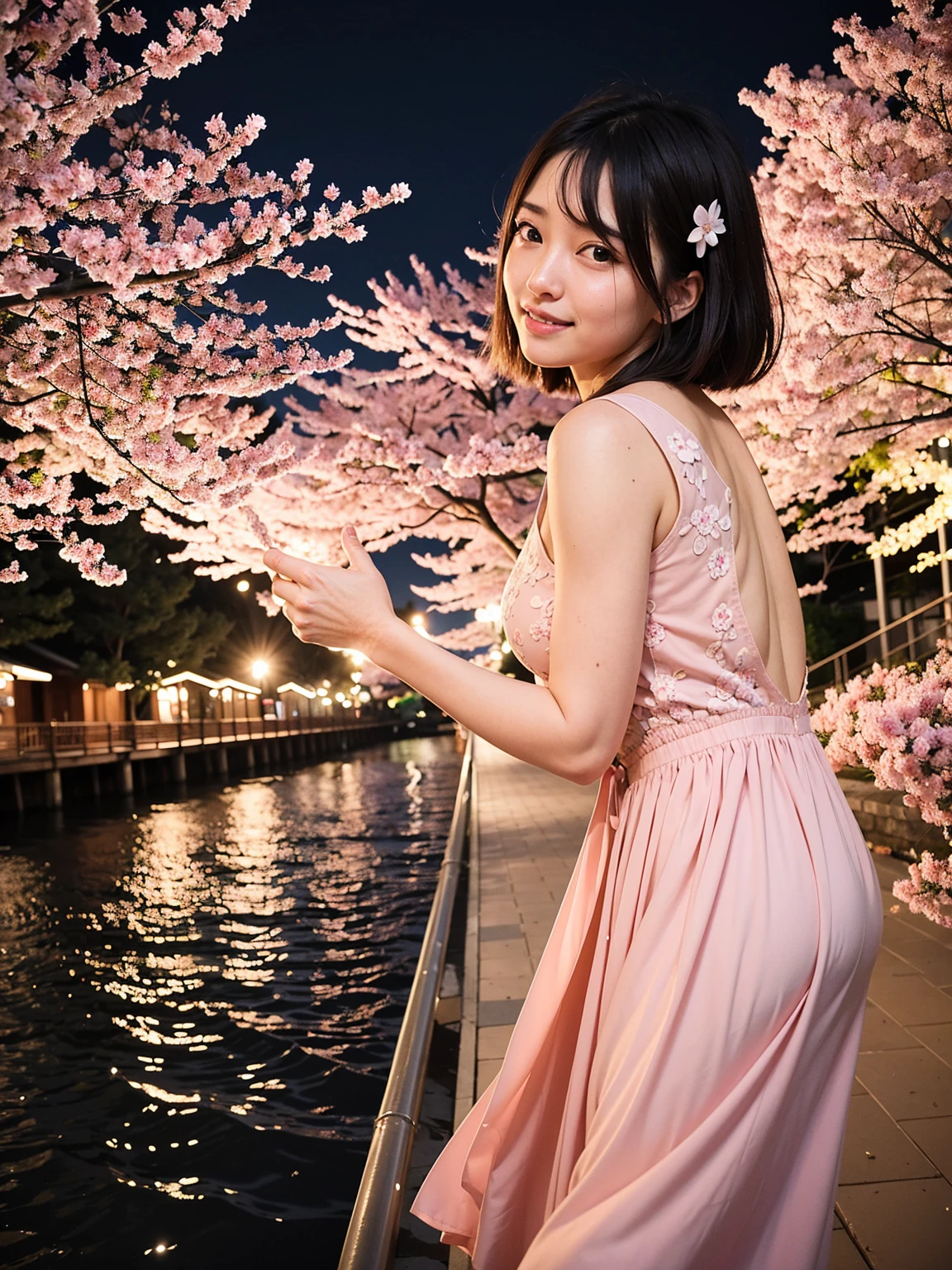 A cute face like a 20-year-old idol smile gently Three people sitting naked I don't wear any clothes full body figure Slightly larger bust dark lighting night park Cherry blossom viewing under the illuminated cherry blossoms at night sitting on a picnic sheet Raw photo genuine live-action