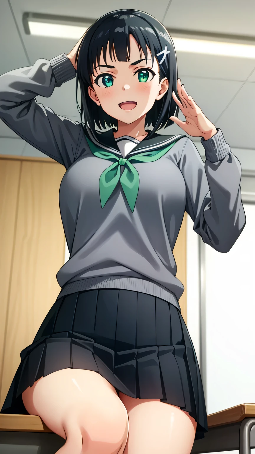 {{{masterpiece}}}, (best quality:1.5), (ultra-detailed:1.5), {illustration}, {{an extremely delicate and beautiful}}, (beautiful detailed eyes:1.6), absurdres, highres, extremely detailed face, 16k, hd, visual anime de uma jovem mulher, extremamente bonito rosto de anime, anime melhor garota, (perfect hands, perfect anatomy), anime face, suguha kirigaya(Sword Art Online), 1girl, solo, cute face, short hair, black hair, bangs, hair ornament, hairclip, (green eyes:1.3), big breasts, big hips, curvaceous, thighs, BREAK, {school uniform}, {serafuku}, (grey sweater:1.3), long sleeves, grey sleeves, black sailor collar, green neckerchief, tuck out sweater, pleated skirt, black skirt, mini skirt, BREAK,1girl, cowboy shot, open mouth, kyoushitsu, classroom, indoors, school chair, school desk, chalkboard, window, ceiling light, curtains, smiling, smug face, salute, peer in from below, looking at viewer, daytime, sit on the desk, spread legs, flushed cheeks