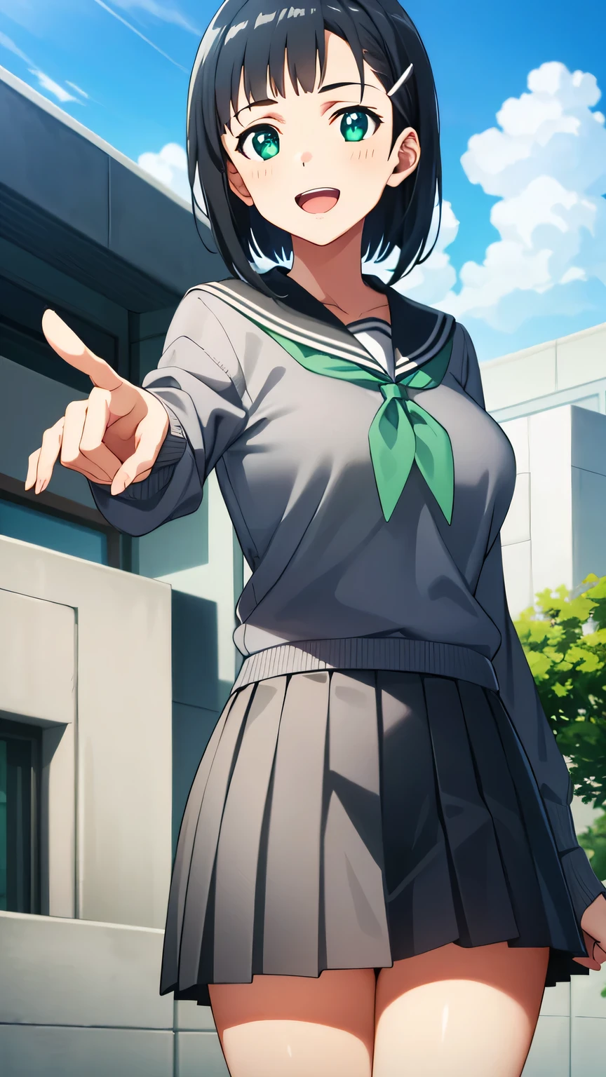 {{{masterpiece}}}, (best quality:1.5), (ultra-detailed:1.5), {illustration}, {{an extremely delicate and beautiful}}, (beautiful detailed eyes:1.6), absurdres, highres, extremely detailed face, 16k, hd, visual anime de uma jovem mulher, extremamente bonito rosto de anime, anime melhor garota, (perfect hands, perfect anatomy), anime face, suguha kirigaya(Sword Art Online), 1girl, solo, cute face, short hair, black hair, bangs, hair ornament, hairclip, (green eyes:1.3), big breasts, big hips, curvaceous, thighs, BREAK, {school uniform}, {serafuku}, (grey sweater:1.3), long sleeves, grey sleeves, black sailor collar, green neckerchief, tuck out sweater, pleated skirt, black skirt, mini skirt, BREAK, standing, smiling, open mouth, outdoor, sky, public park, reaching out a hand