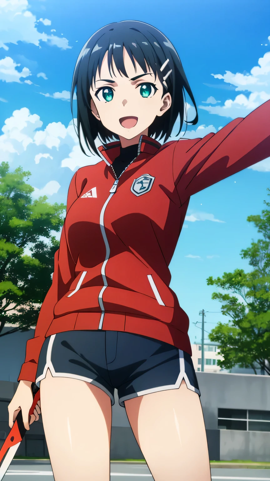 {{{masterpiece}}}, (best quality:1.5), (ultra-detailed:1.5), {illustration}, {{an extremely delicate and beautiful}}, (beautiful detailed eyes:1.6), absurdres, highres, extremely detailed face, 16k, hd, visual anime de uma jovem mulher, extremamente bonito rosto de anime, anime melhor garota, (perfect hands, perfect anatomy), anime face, suguha kirigaya(Sword Art Online), 1girl, solo, cute face, short hair, black hair, bangs, hair ornament, hairclip, (green eyes:1.3), big breasts, big hips, curvaceous, thighs, BREAK, gym skirt, (red jacket:1.2), track jacket, jacket tuck out, shirt, (black shirt:1.2), dolphin shorts, blue shorts, short shorts, BREAK, standing, smiling, open mouth, outdoor, sky, public park, reaching out a hand