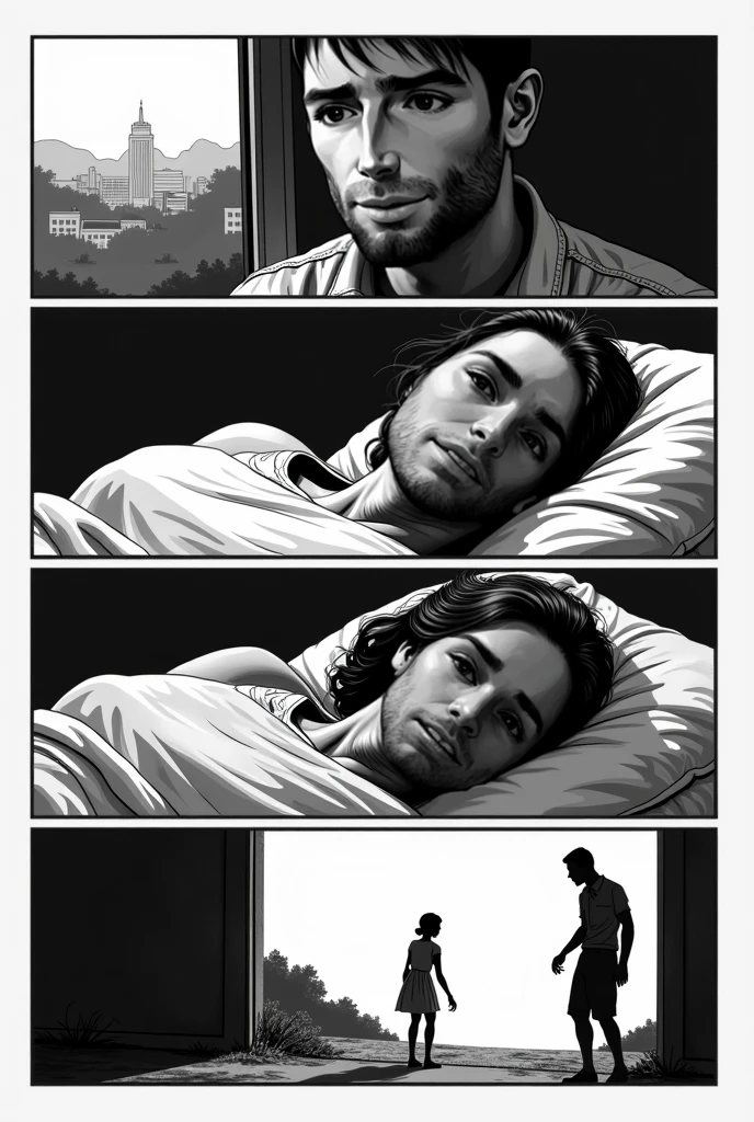 Indian rich man many 46 years old suddenly jump off his bed in fear after having a bad dream , he site in the side on the bed in full sweaty, he looks at the other side where his wife sleeps wide angle of the bedroom far way his wife is sleeping
Make a storyboard in black and white in 8 mages pannels for a movie